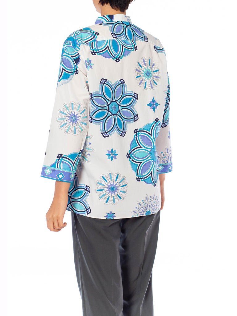 2000S Emilio Pucci White & Blue Cotton Lawn Long Sleeve Tunic Top For Sale 2
