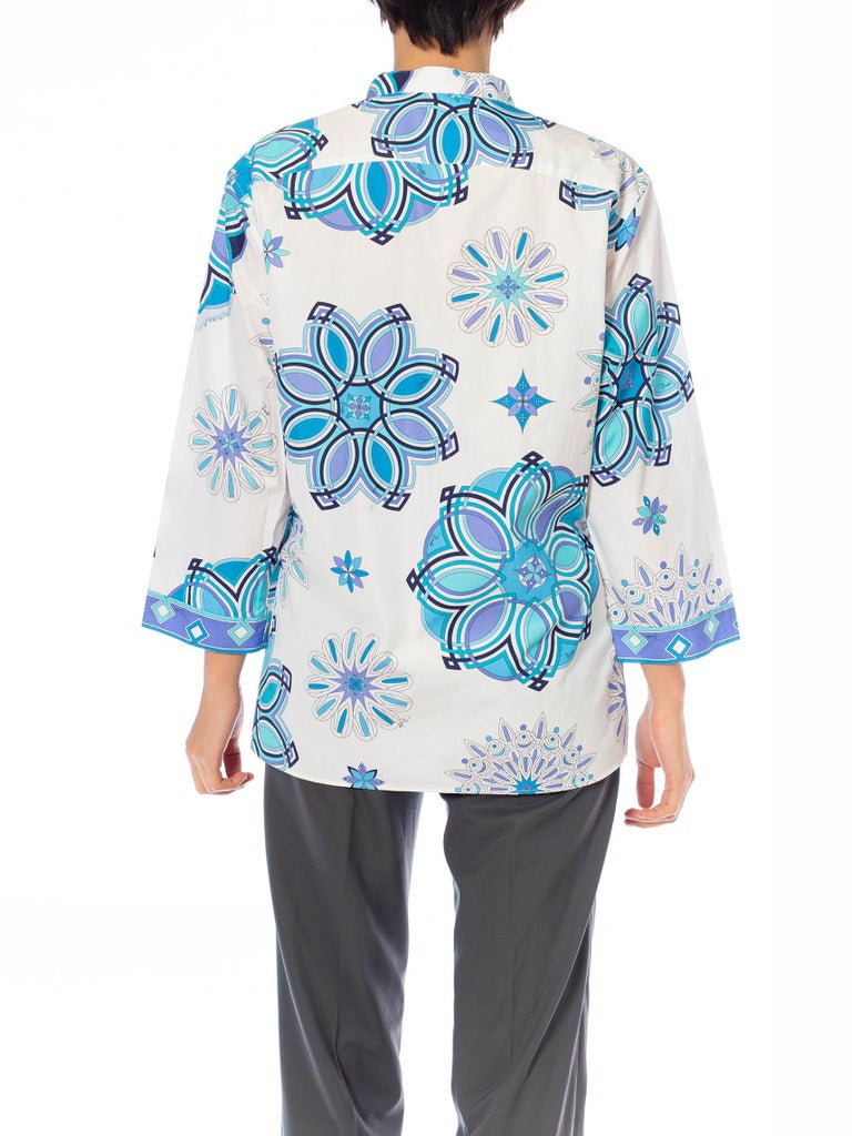 2000S Emilio Pucci White & Blue Cotton Lawn Long Sleeve Tunic Top For Sale 3