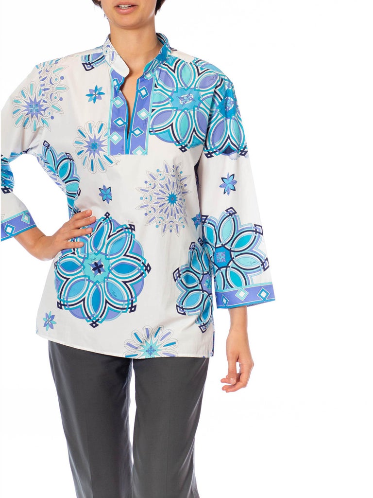 2000S Emilio Pucci White & Blue Cotton Lawn Long Sleeve Tunic Top For Sale 5
