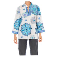 2000S EMILIO PUCCI White & Blue Cotton Lawn Long Sleeve Tunic Top