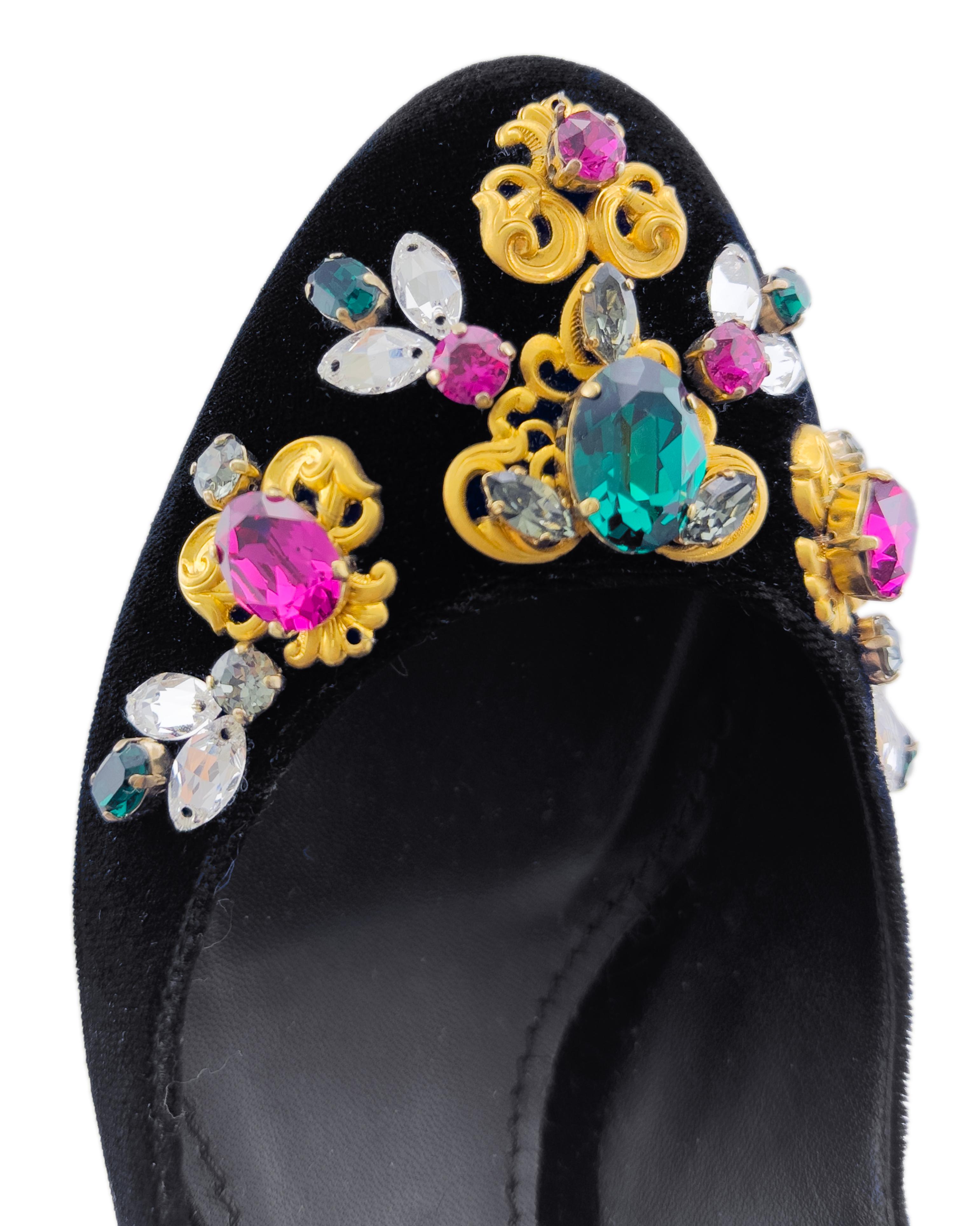 2000's era Dolce and Gabbana Black Velvet Embellished Mary Janes For Sale 2