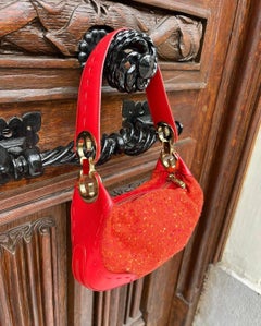 2000s Escada Coral Red Leather & Tweed Mini Baguette Bag