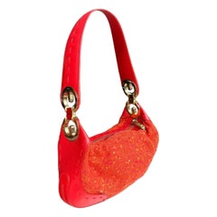 2000s Escada Coral Red Leather & Tweed Mini Baguette Bag