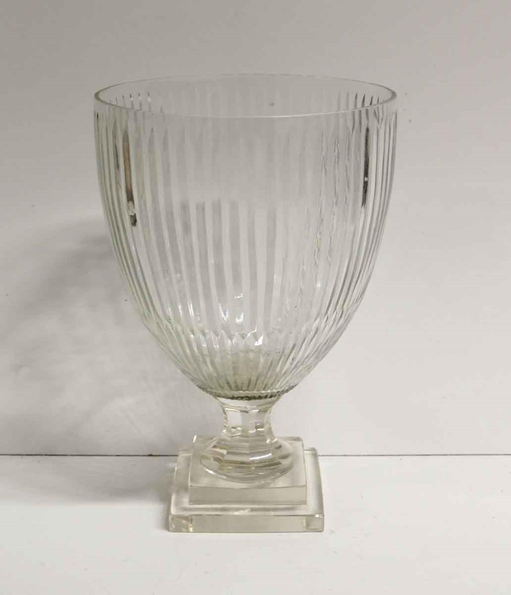 2000s clear etched glass fluted vase with a 2 tier stepped square base. Small quantity available at time of posting. Please inquire. Priced each. Please note, this item is located in one of our NYC locations.
