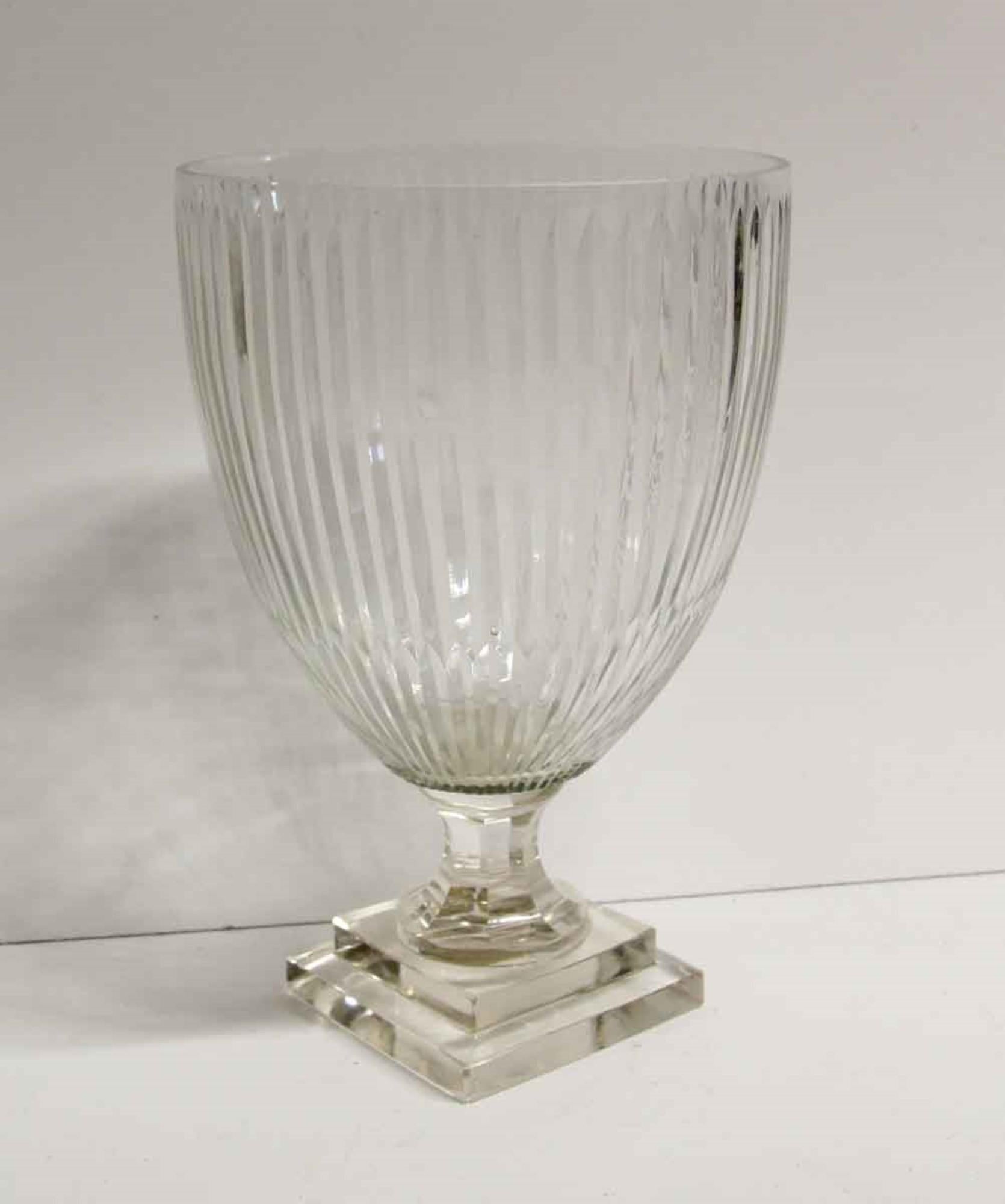 Etched Clear Glass Fluted Vase 2 Tier Stepped Base In Good Condition For Sale In New York, NY