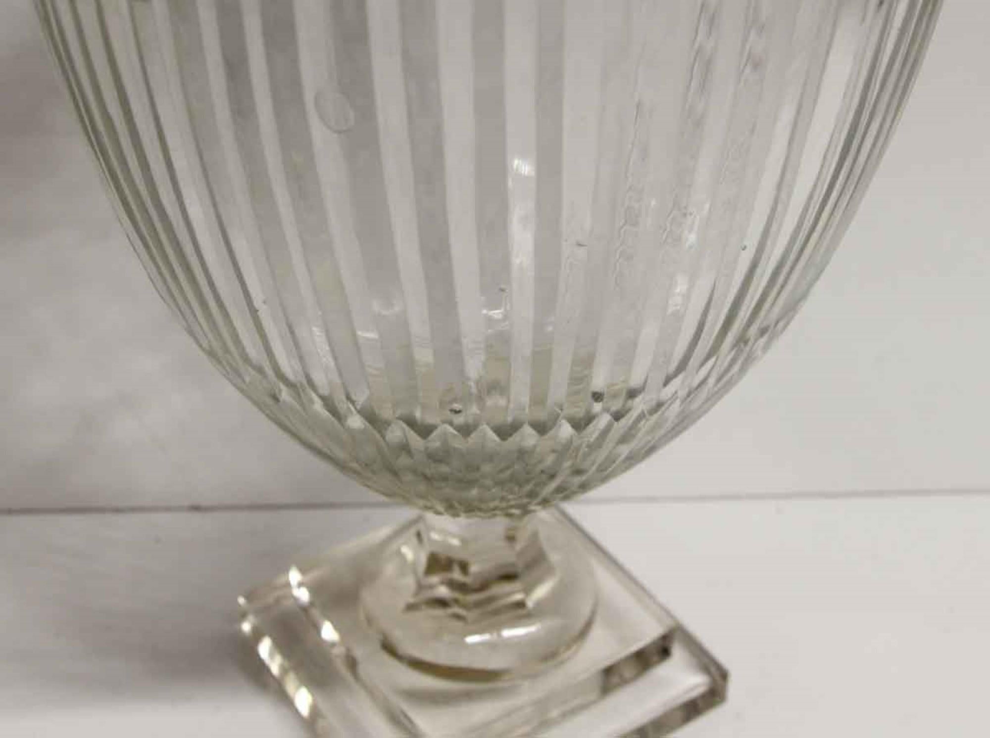 Contemporary Etched Clear Glass Fluted Vase 2 Tier Stepped Base For Sale