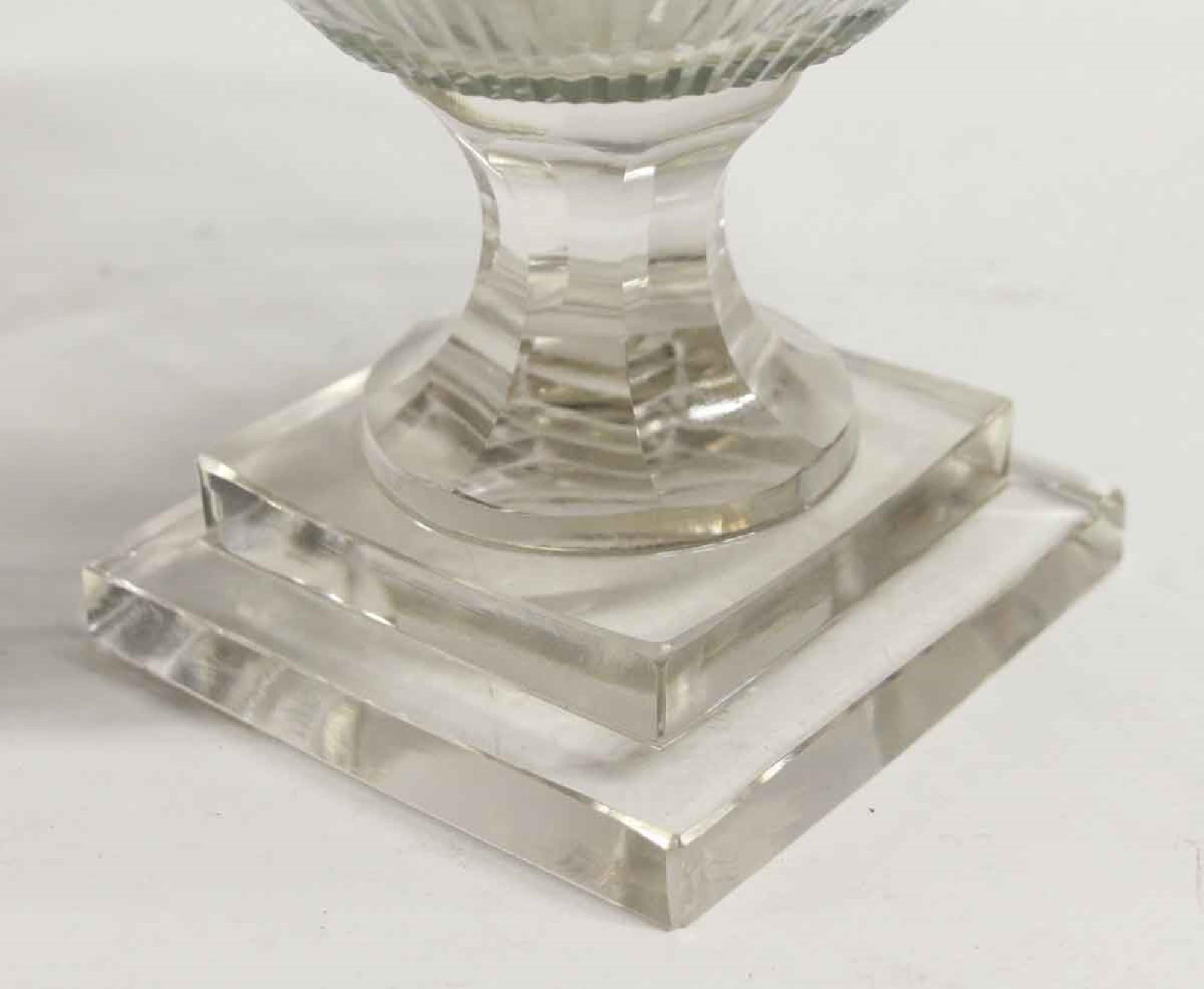 Etched Clear Glass Fluted Vase 2 Tier Stepped Base For Sale 1