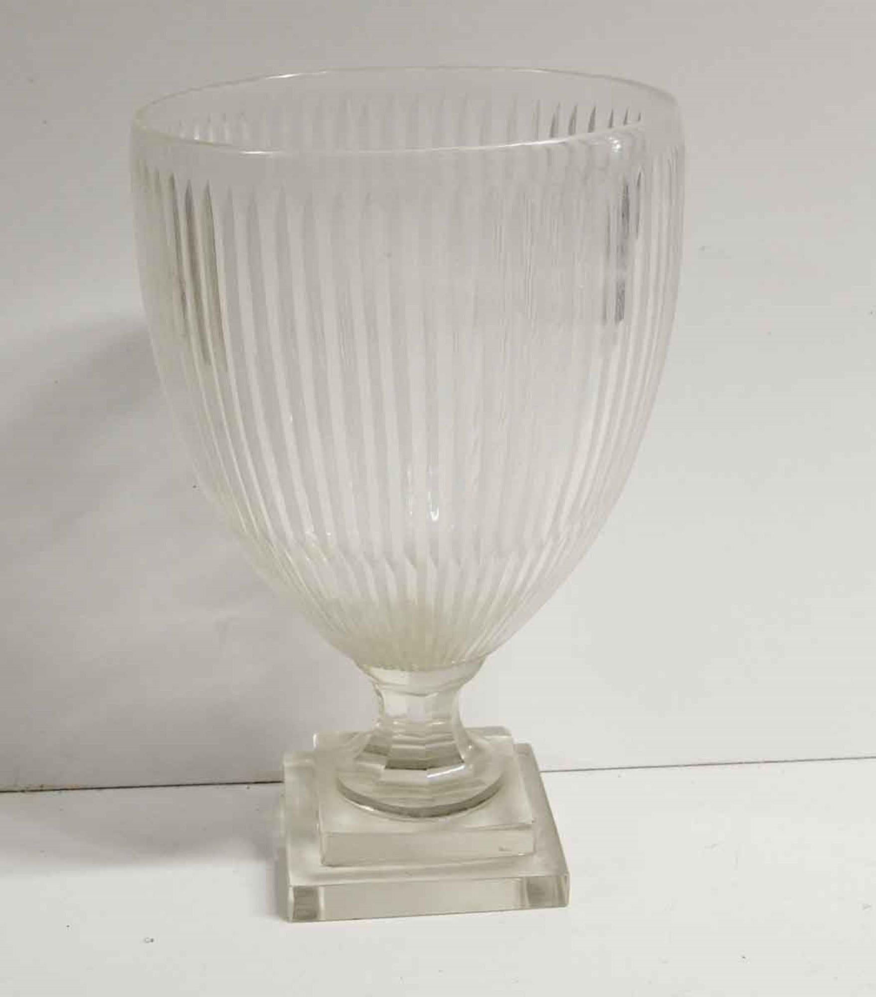 Etched Clear Glass Fluted Vase 2 Tier Stepped Base For Sale 2