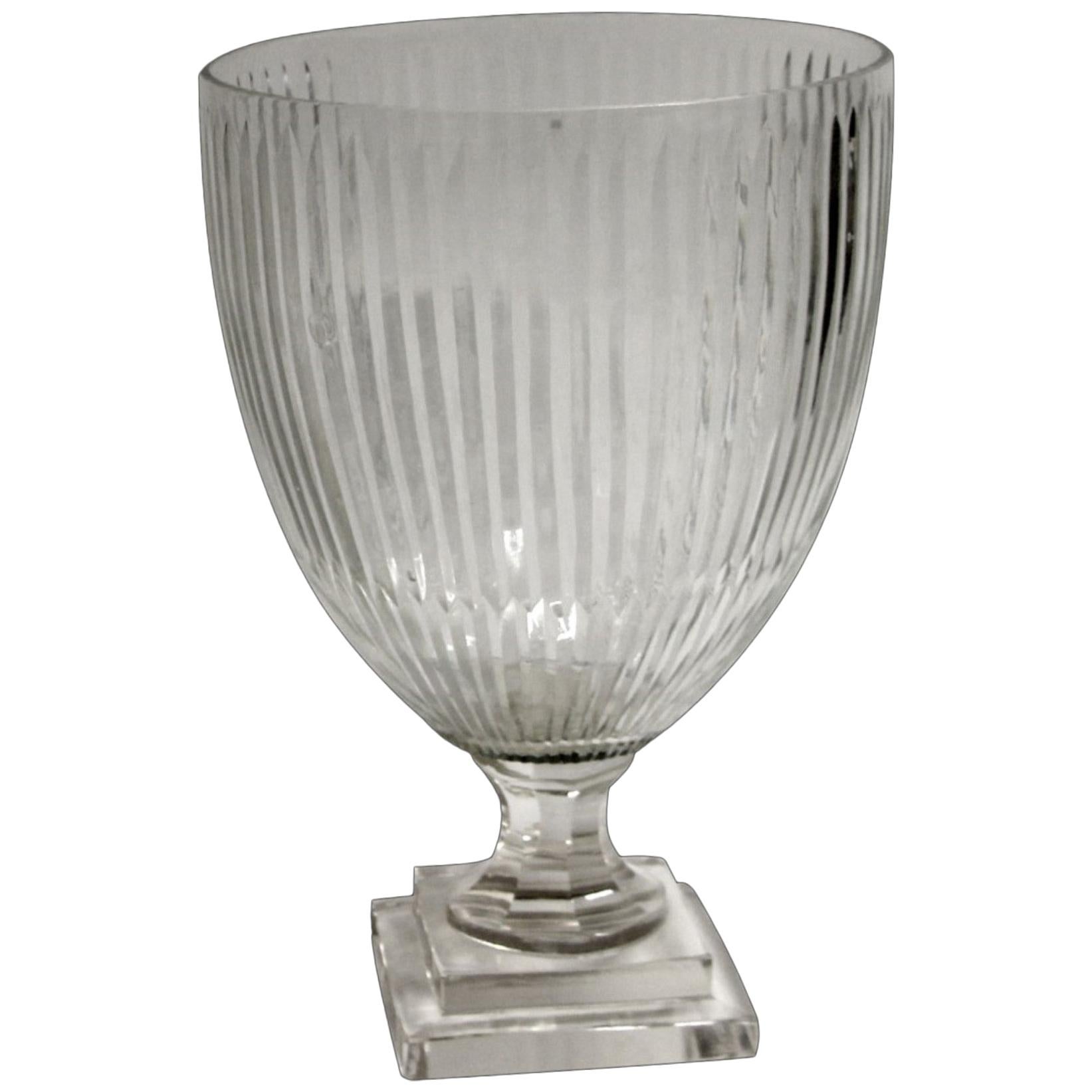 Etched Clear Glass Fluted Vase 2 Tier Stepped Base For Sale