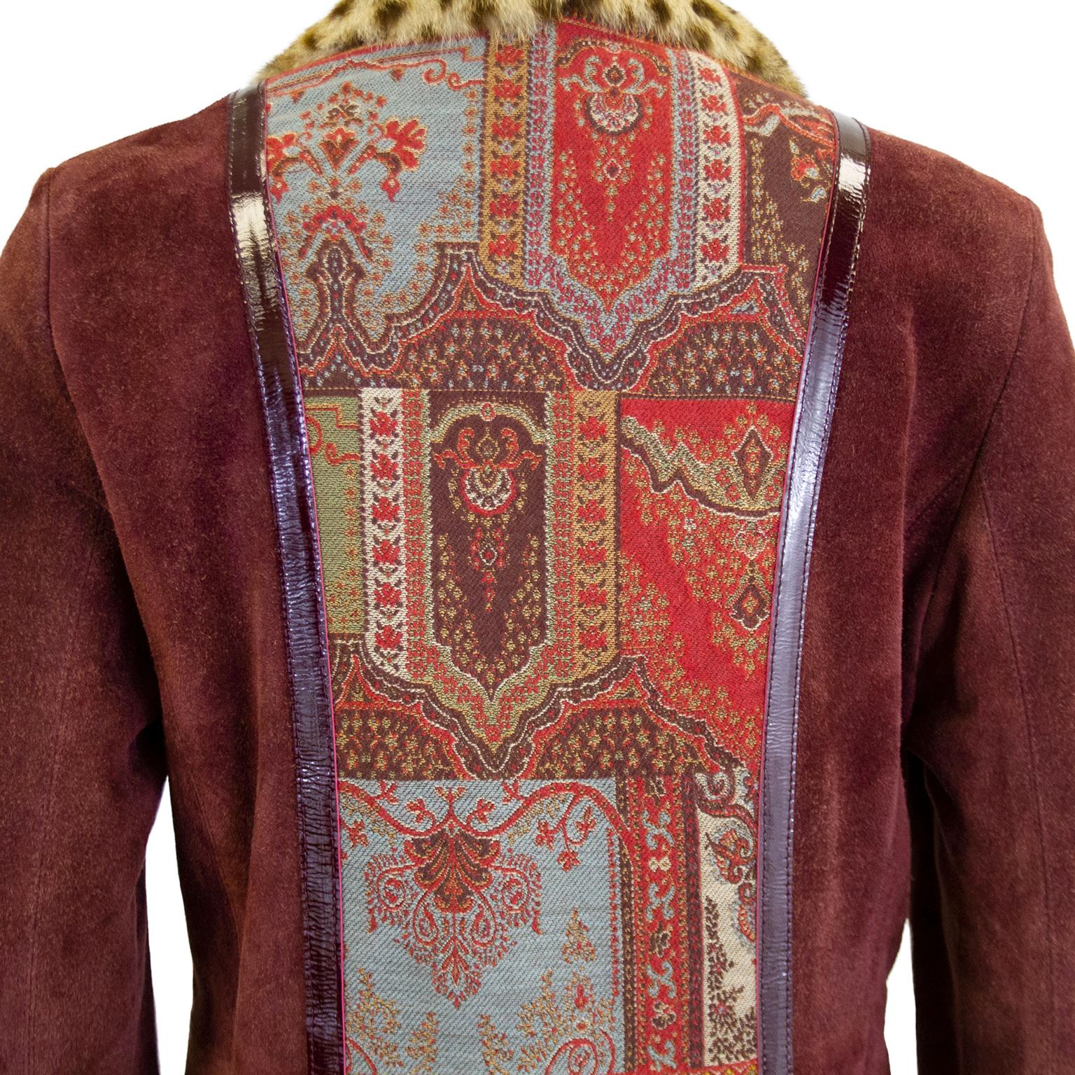 Brown 2000's Etro Burgundy Suede & Paisley Coat With Stencilled Fur  For Sale