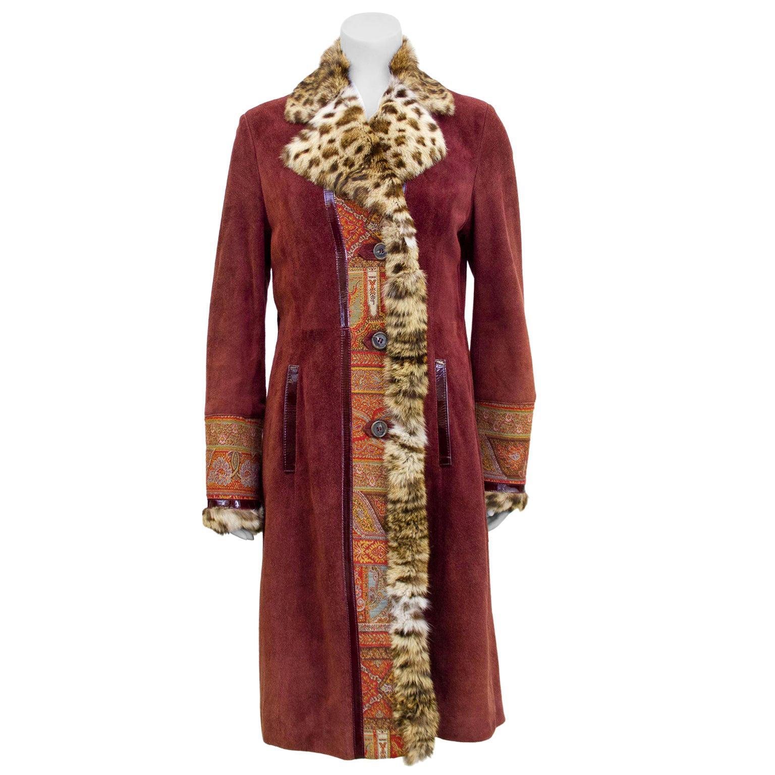 2000's Etro Burgundy Suede & Paisley Coat With Stencilled Fur  For Sale