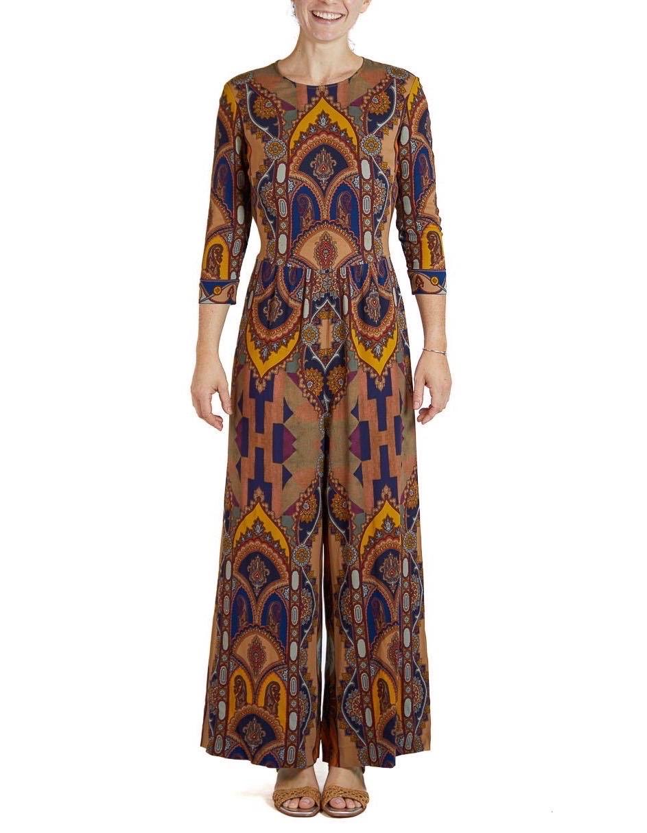 2000S ETRO Earthtone Silk Blend Paisley Jumpsuit In Excellent Condition For Sale In New York, NY