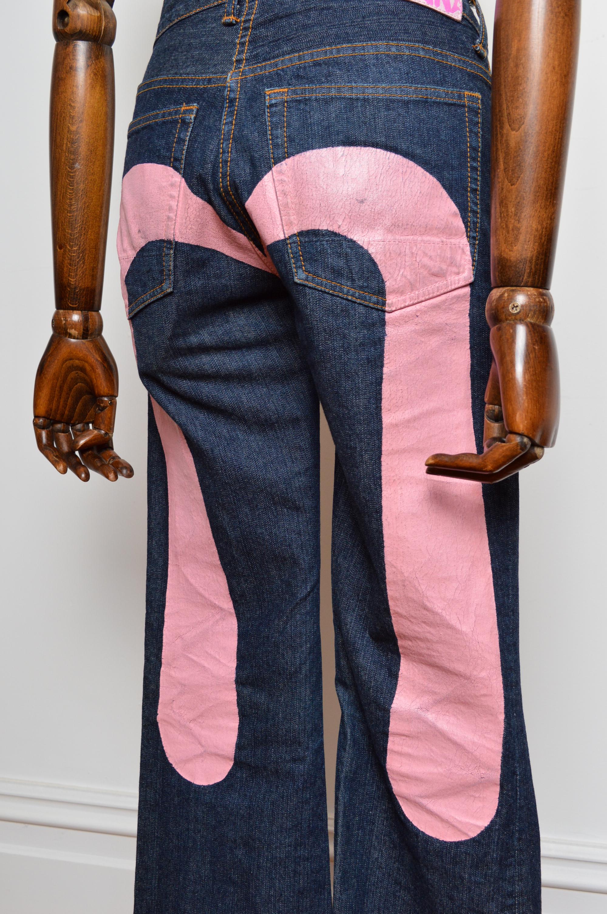 2000's EVISU Vintage Low Rise Pink Logo Dark Denim Pants Jeans For