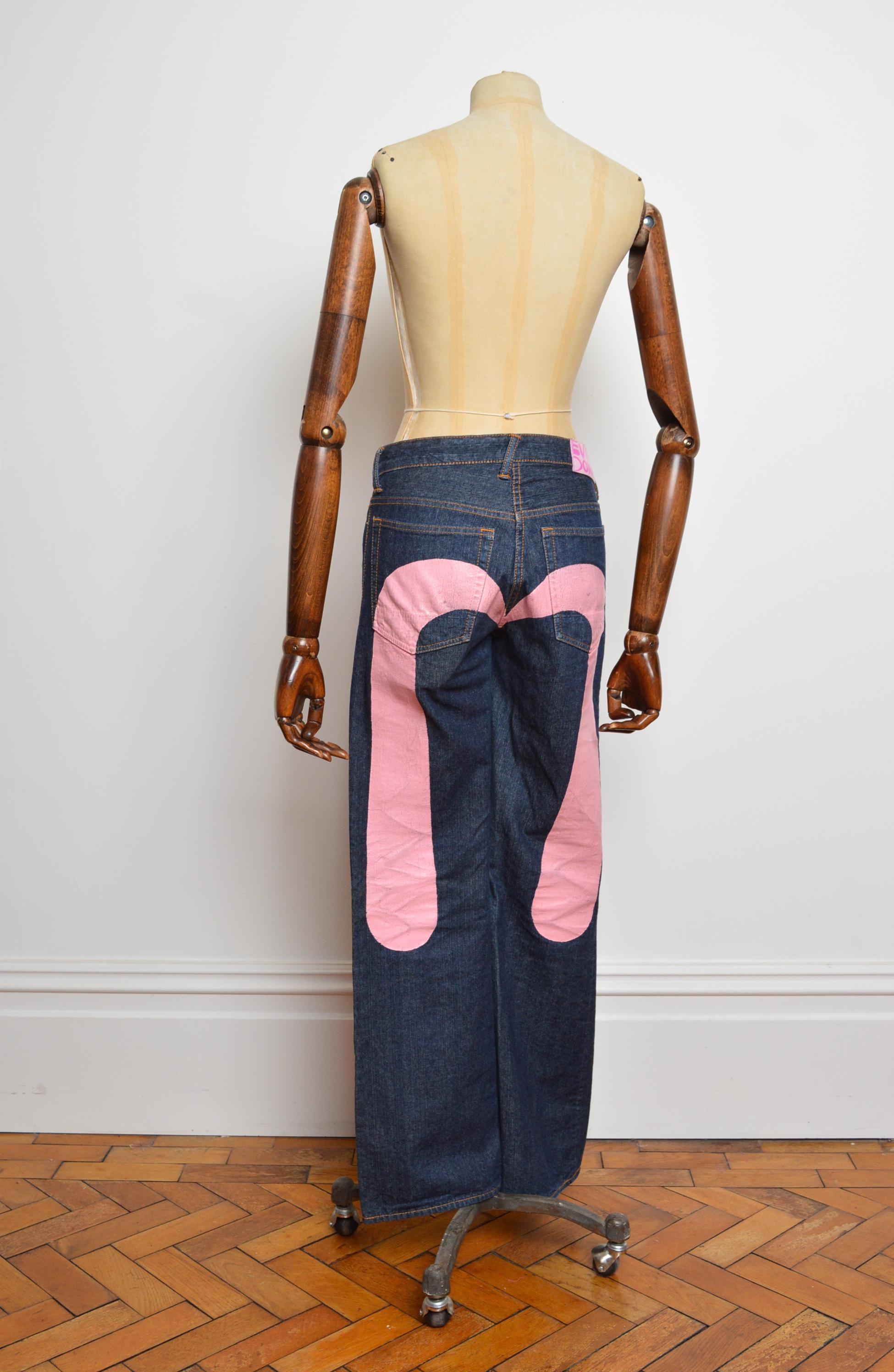 2000's EVISU Vintage Low Rise Pink Logo Dark Denim Pants Jeans For