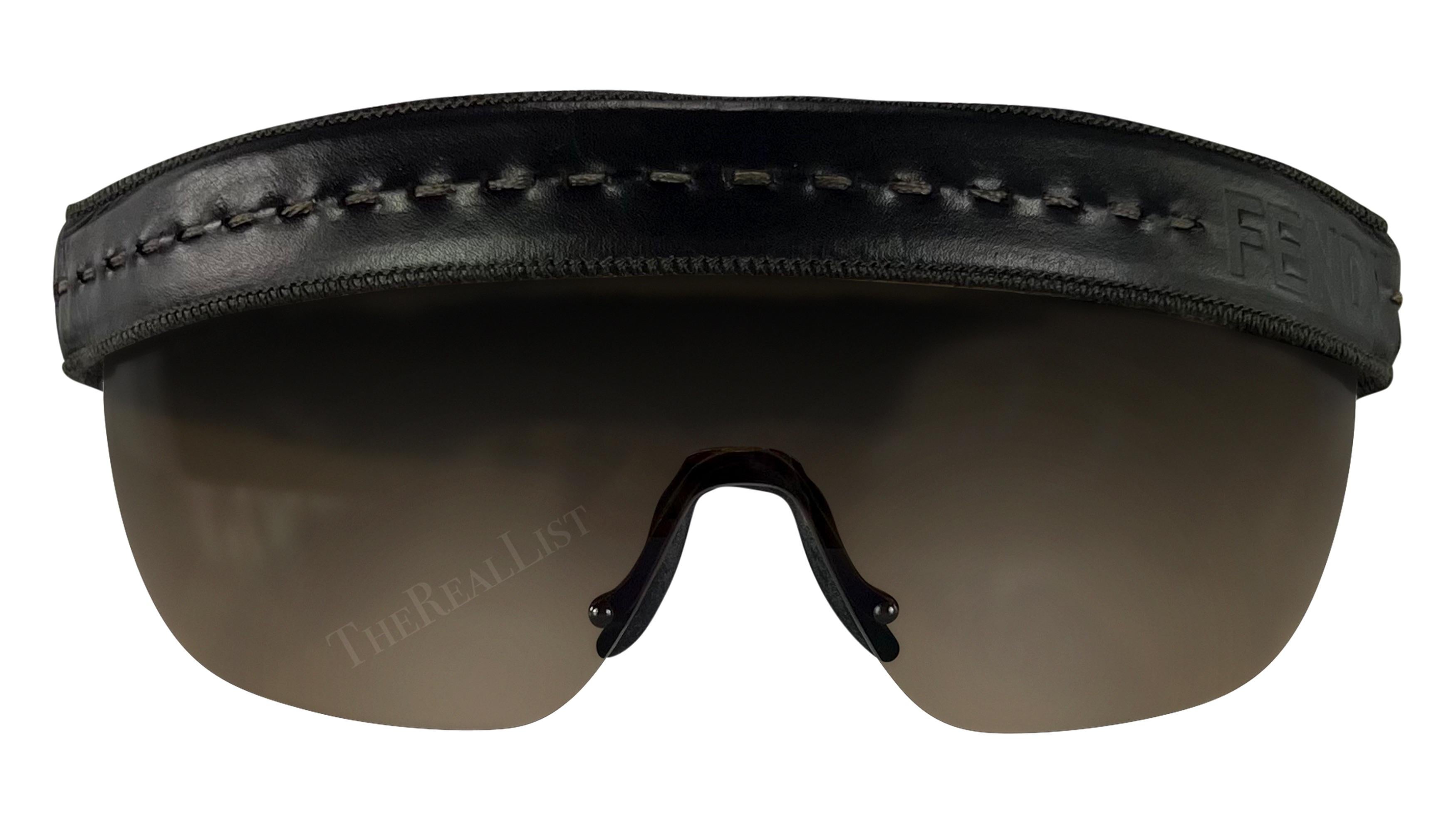 2000s Fendi by Karl Lagerfeld Brown Leather Fringe Shield Sunglasses In Good Condition For Sale In West Hollywood, CA