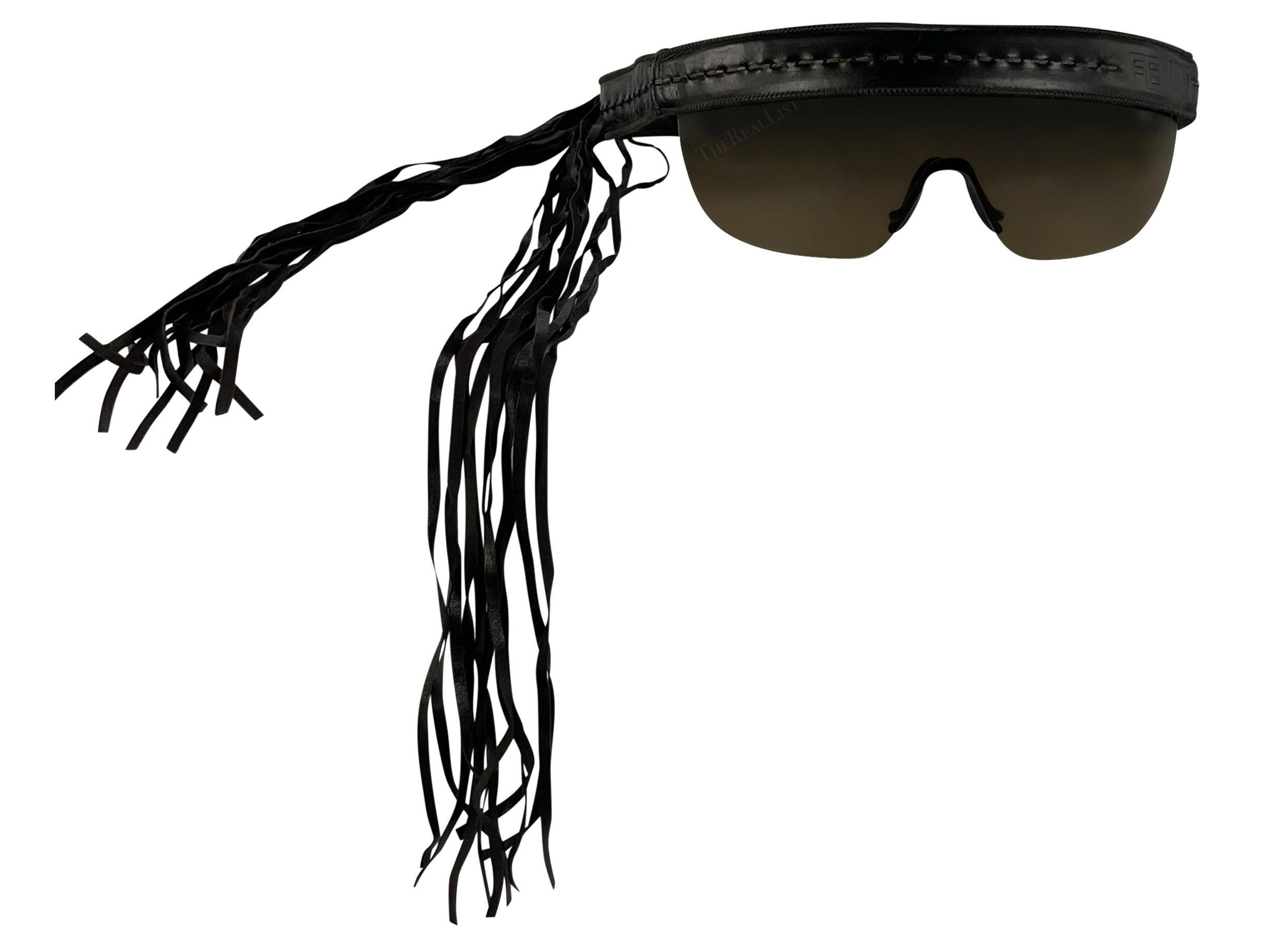 Women's 2000s Fendi by Karl Lagerfeld Brown Leather Fringe Shield Sunglasses For Sale