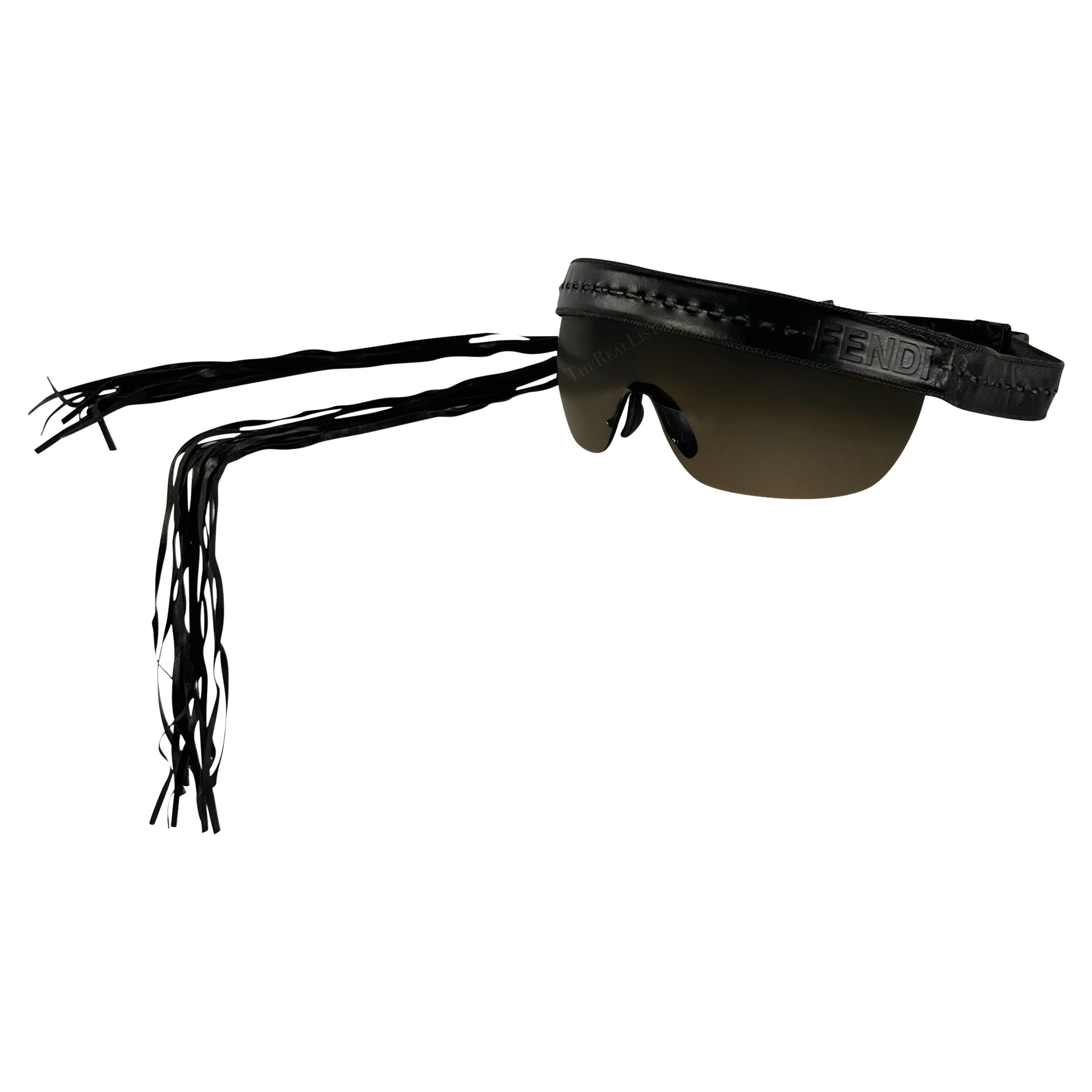 2000s Fendi by Karl Lagerfeld Brown Leather Fringe Shield Sunglasses For Sale 2