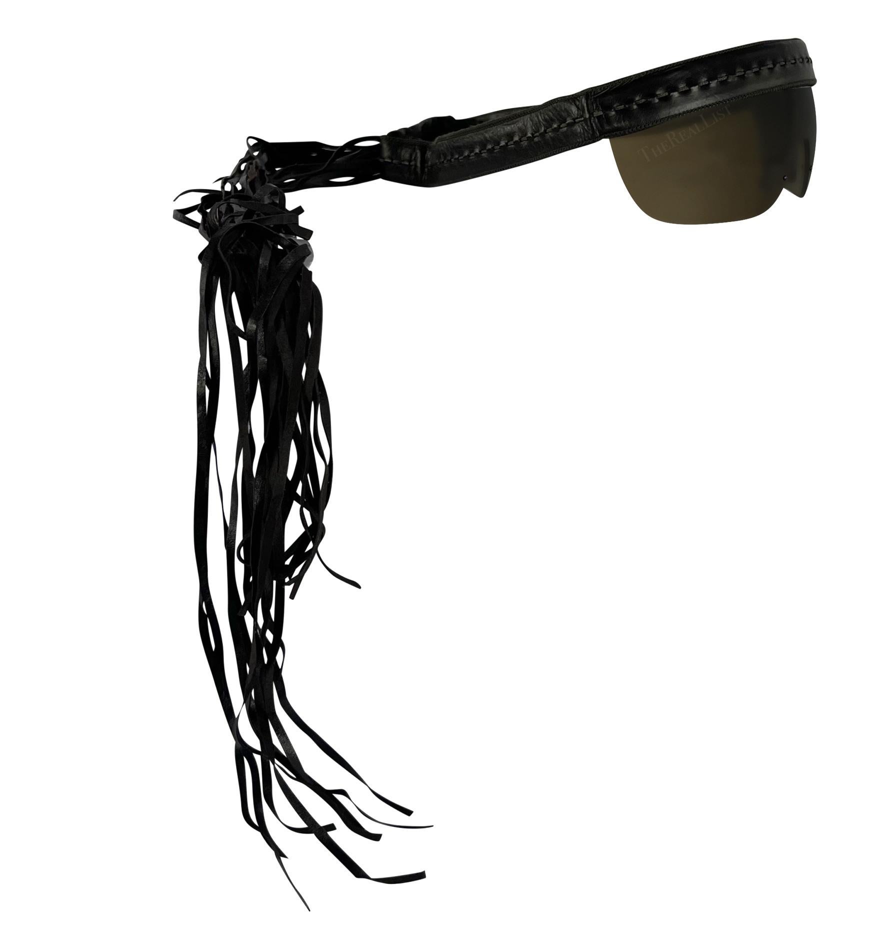 2000s Fendi by Karl Lagerfeld Brown Leather Fringe Shield Sunglasses For Sale 5