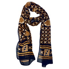 2000s Fendi FF Logo and Animal Figurine Chiffon Scarf