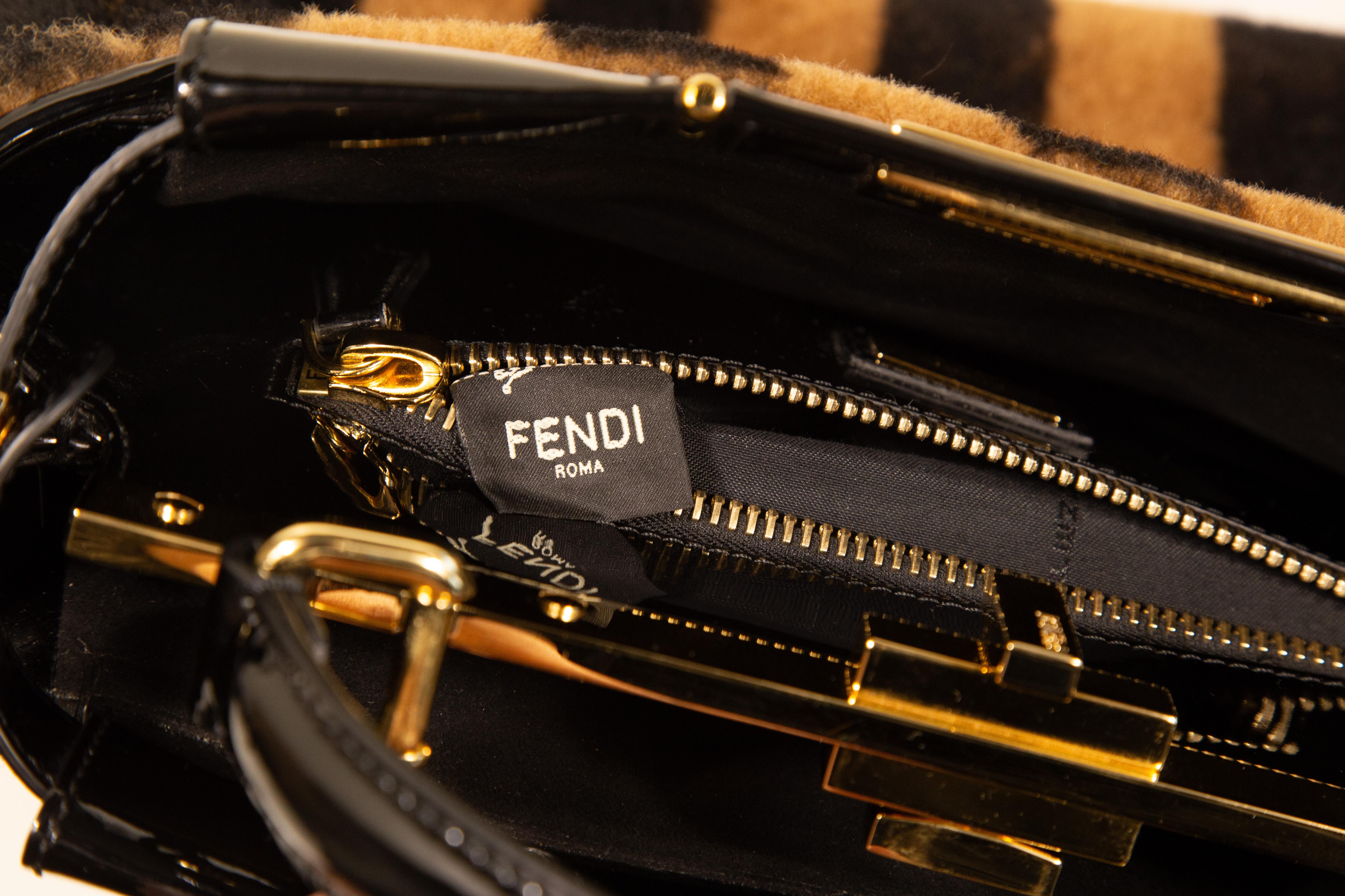 2000s Fendi Peekaboo Shearling Pequin Tobacco Black 2 Way Bag For Sale 11