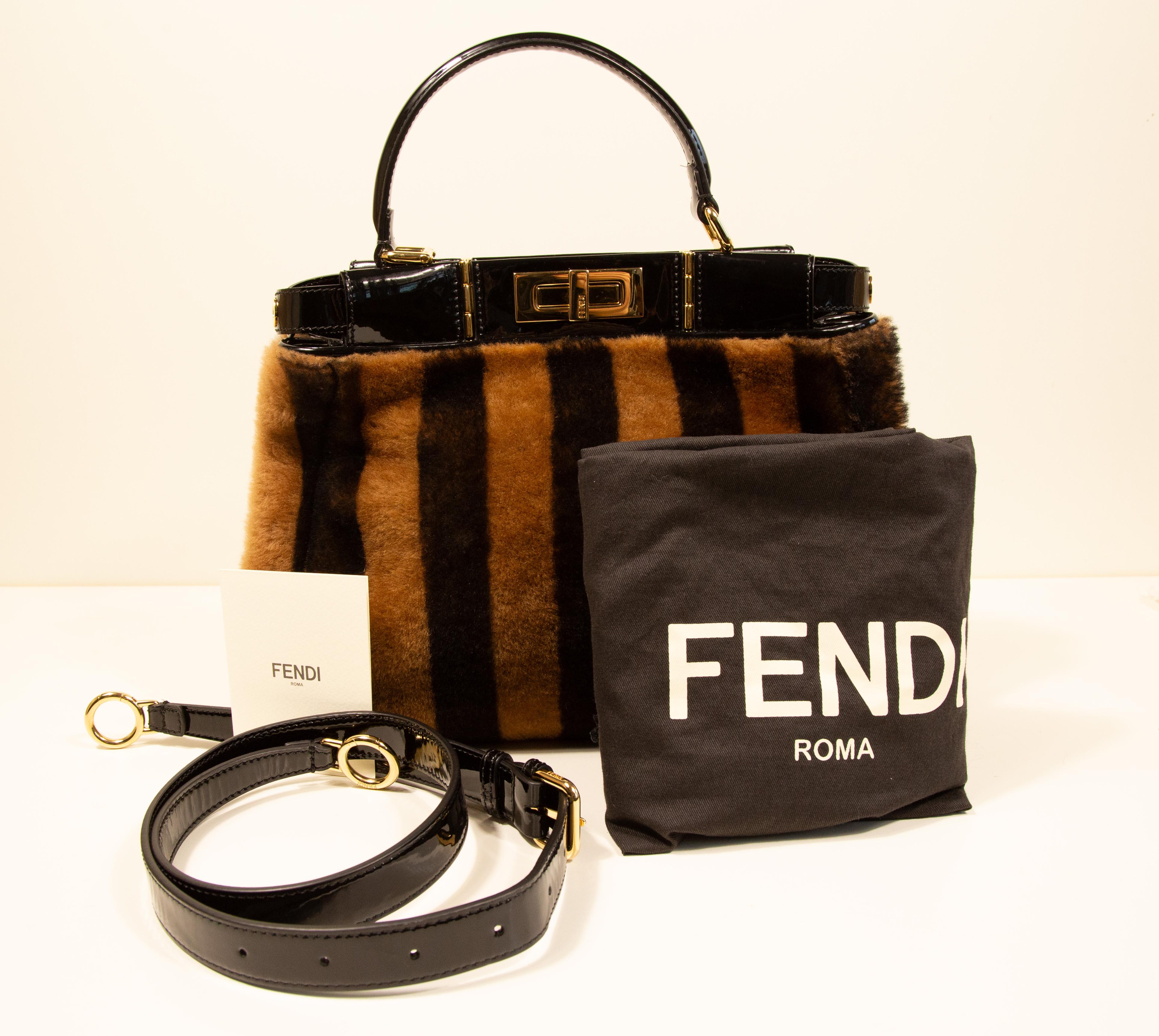 2000s Fendi Peekaboo Shearling Pequin Tobacco Black 2 Way Bag For Sale 12