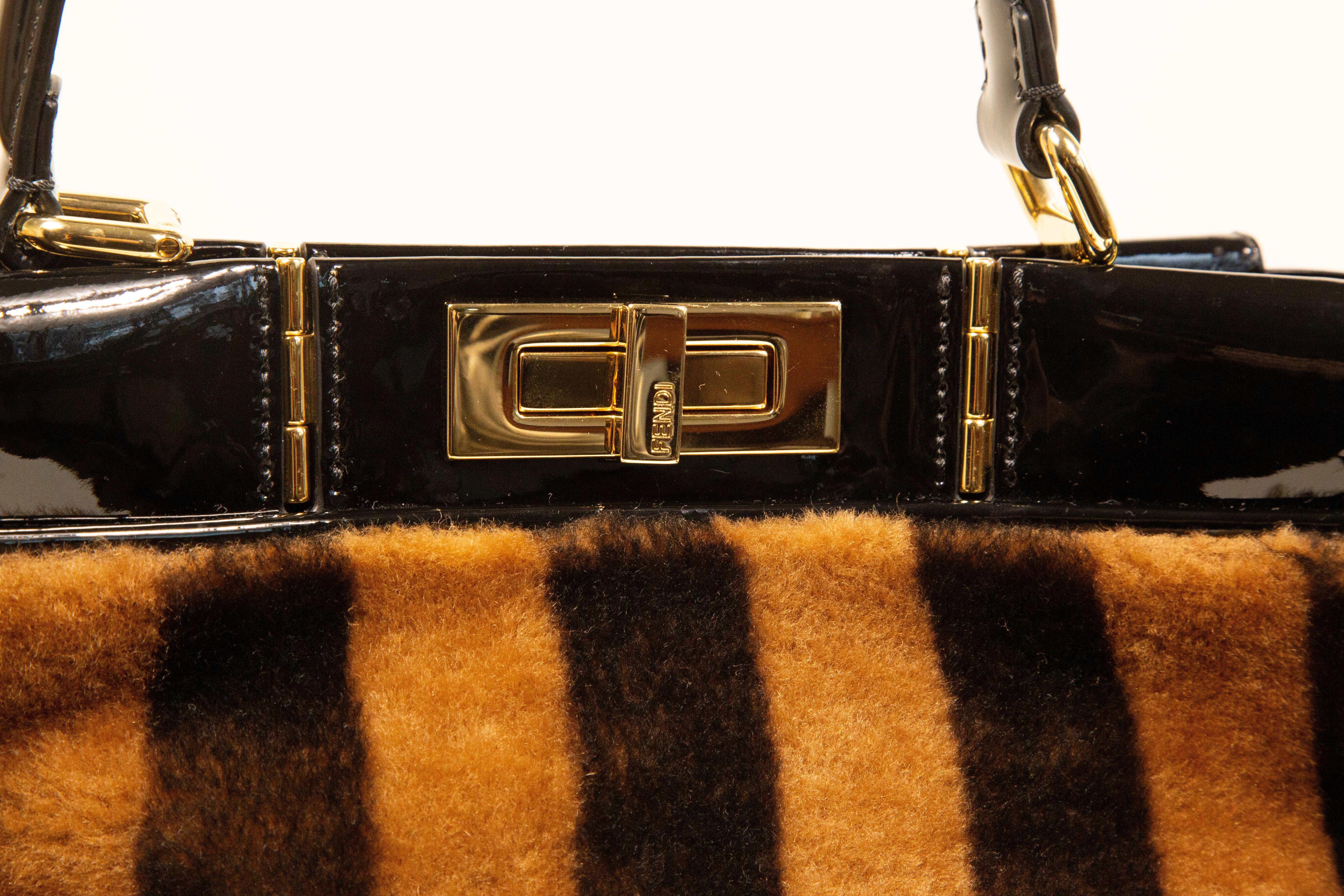 2000s Fendi Peekaboo Shearling Pequin Tobacco Black 2 Way Bag For Sale 13
