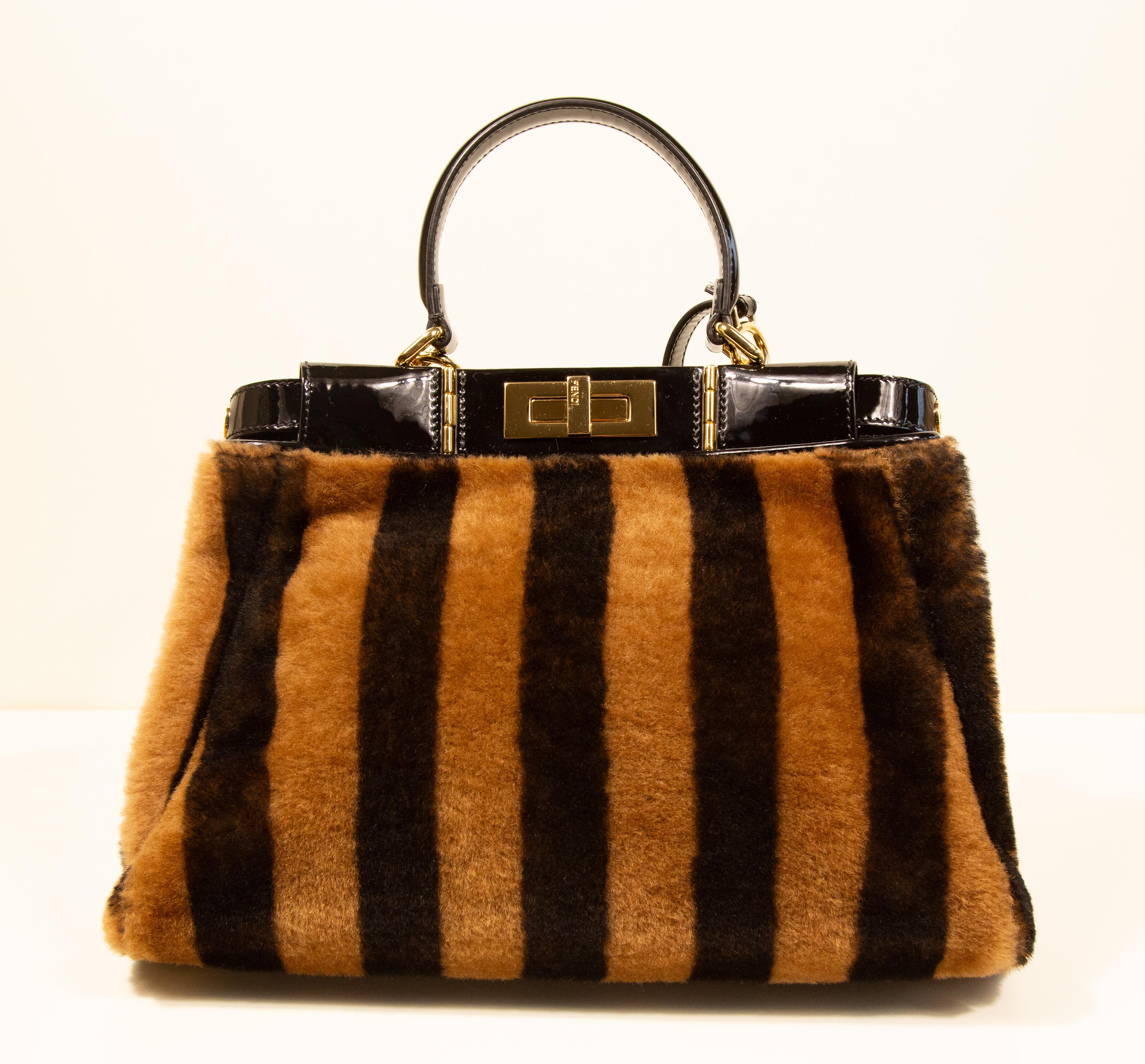 2000s Fendi Peekaboo Shearling Pequin Tobacco Black 2 Way Bag For Sale 1