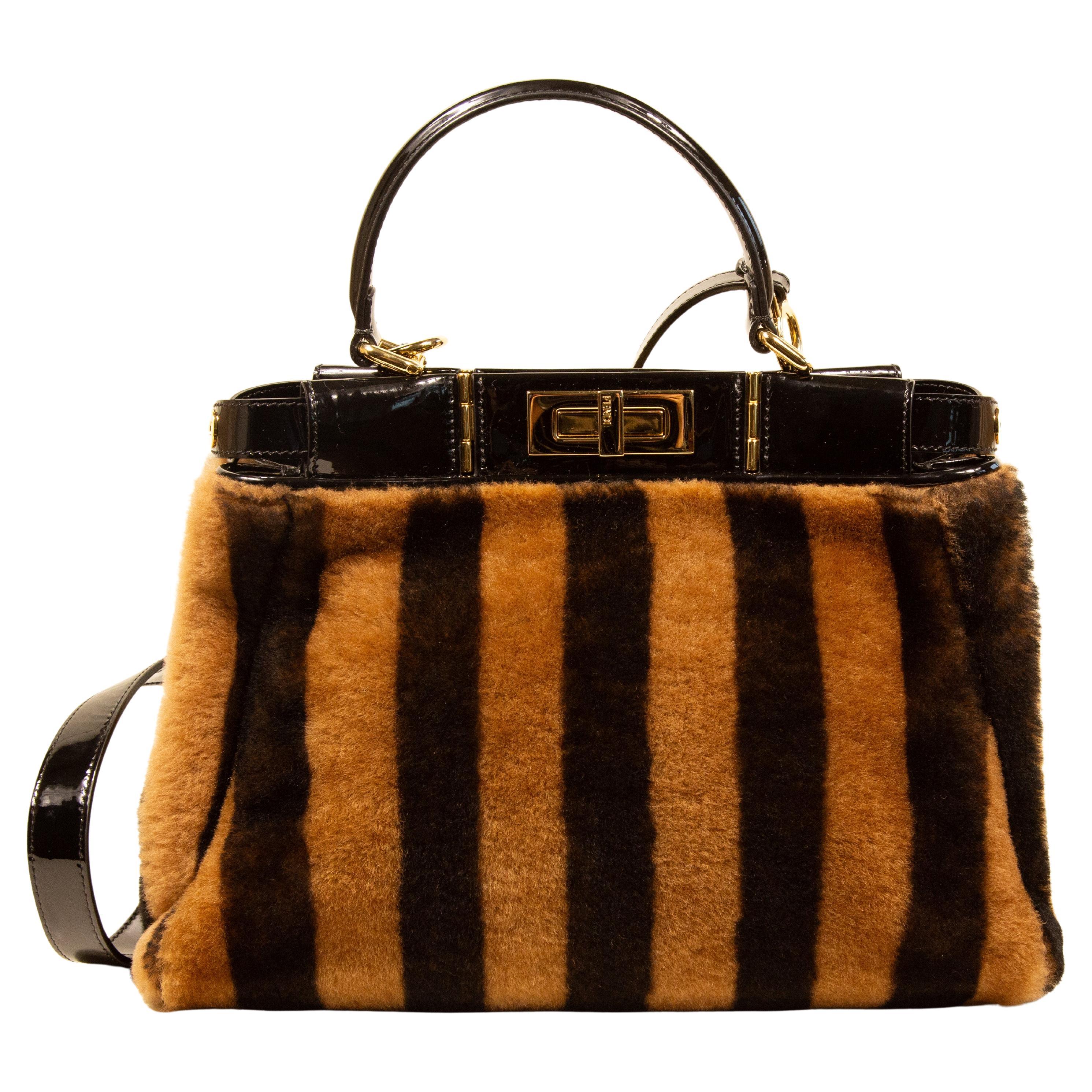 2000s Fendi Peekaboo Shearling Pequin Tobacco Black 2 Way Bag For Sale