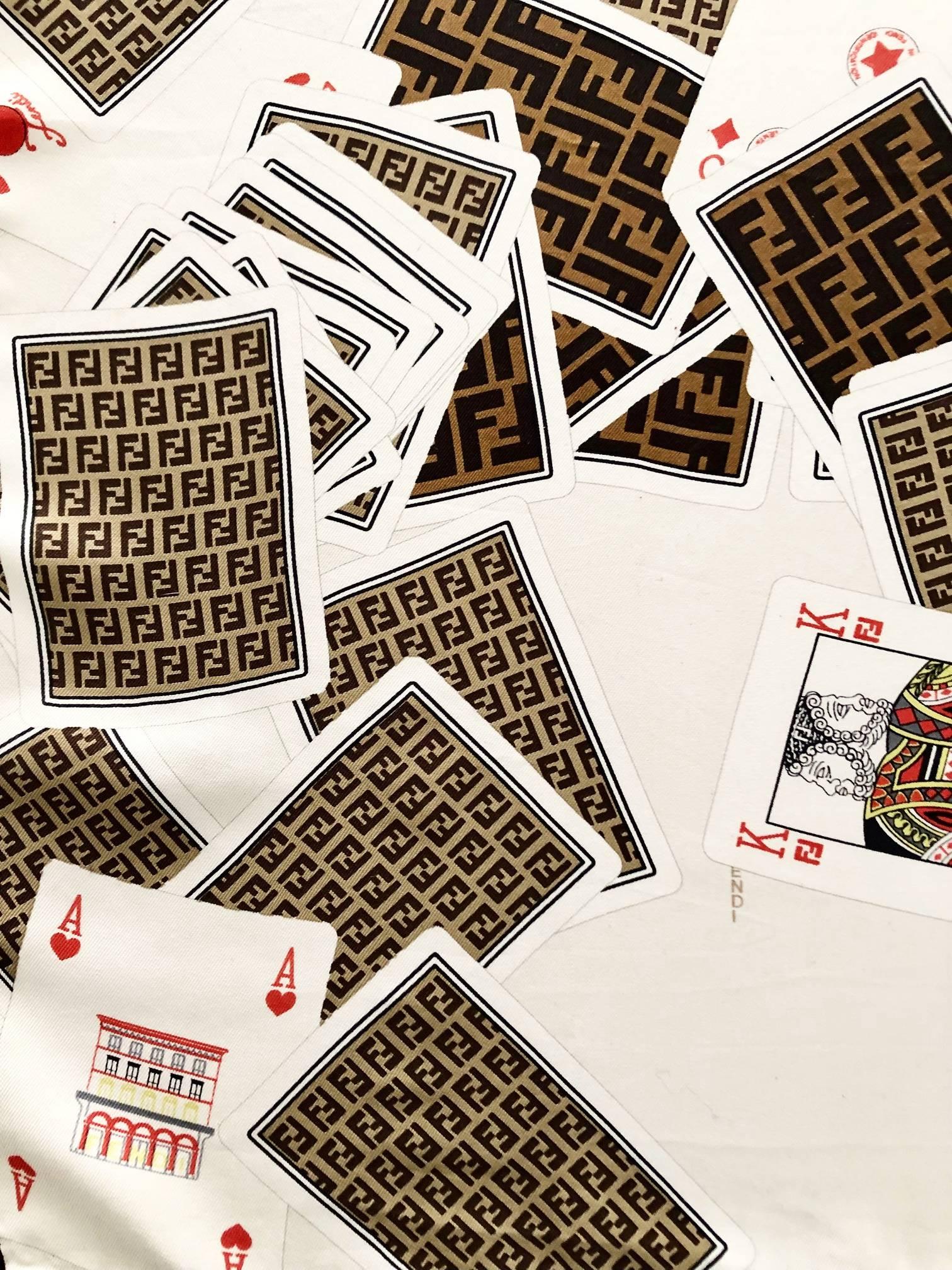Beige 2000s Fendi Playcards Print Silk Large Babushka Scarf 