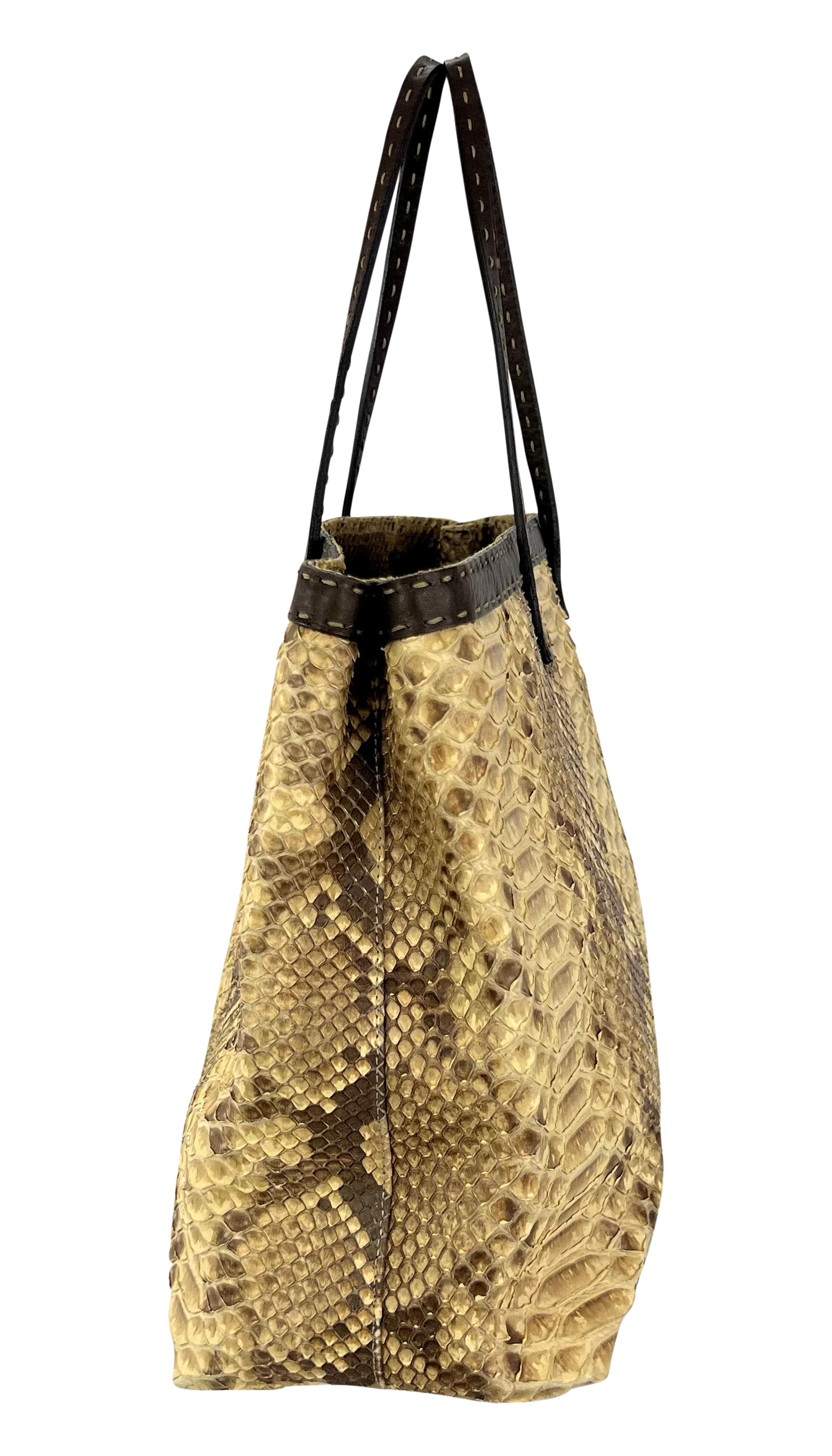 Beige 2000s Fendi Selleria Genuine Python Skin Tan Leather Medium Shoulder Tote Bag
