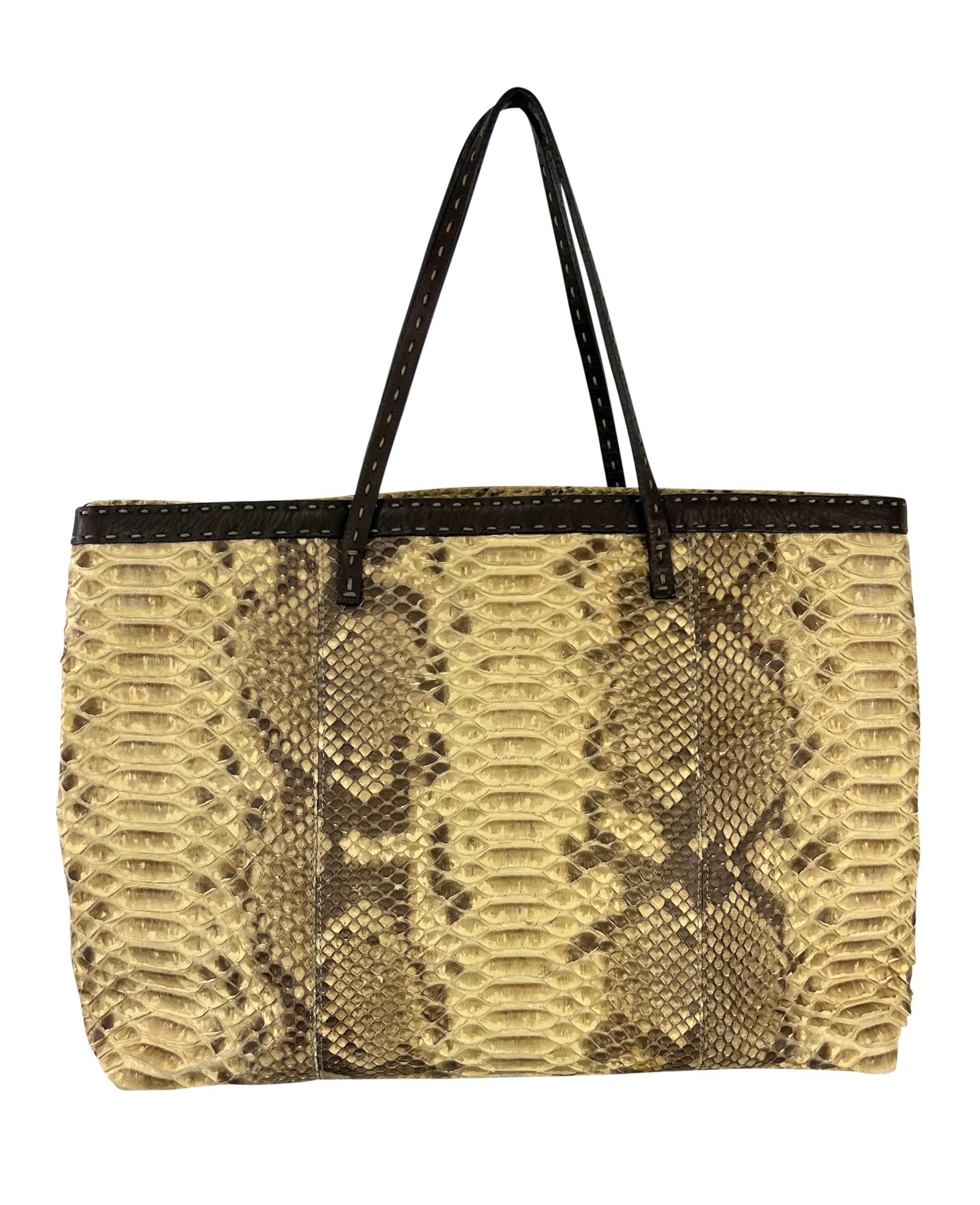 2000s Fendi Selleria Genuine Python Skin Tan Leather Medium Shoulder Tote Bag In Excellent Condition In West Hollywood, CA