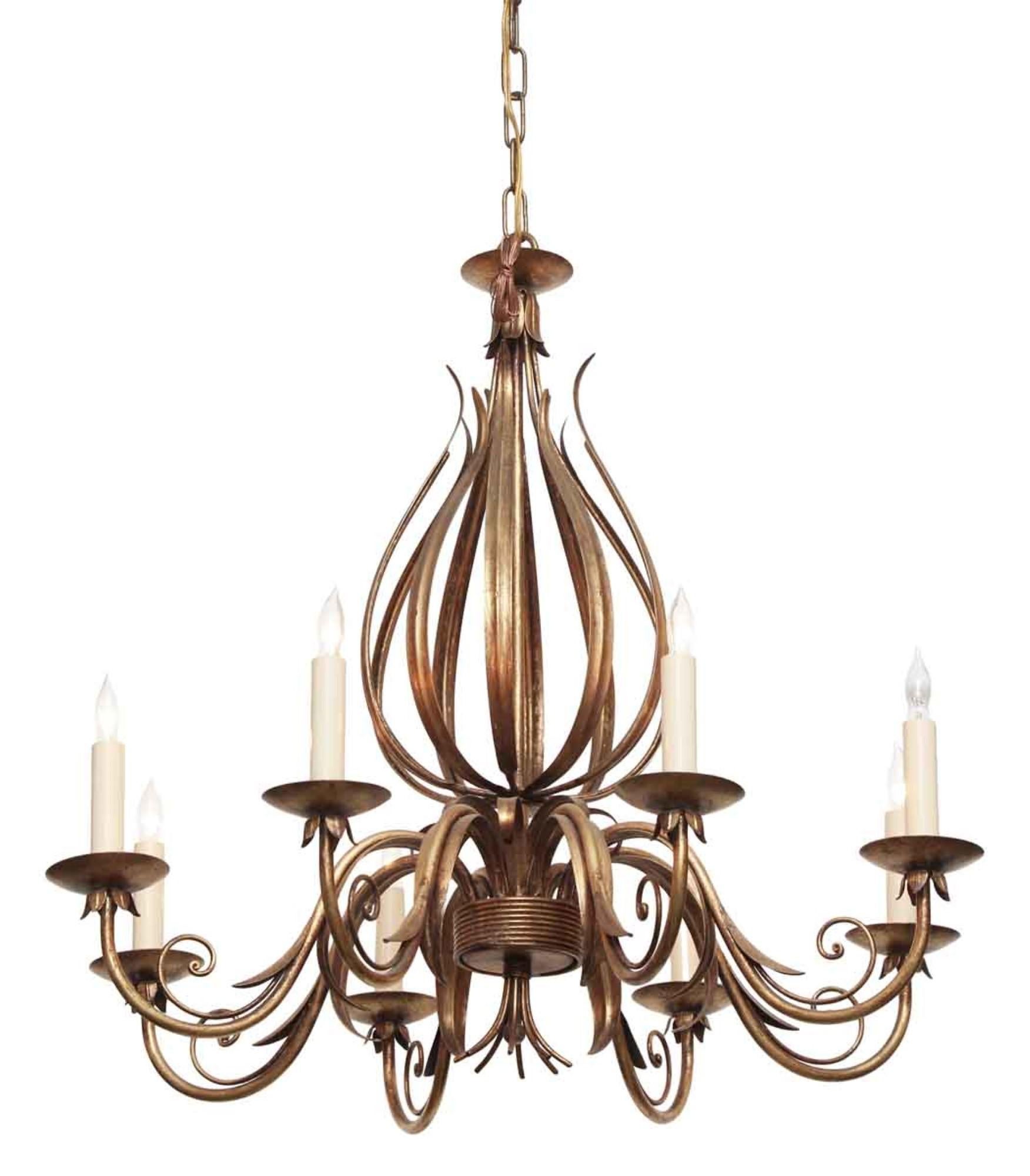 2000s Florentine style chandelier with articulated leaves making up the body and formed wrought iron leaves finished with gold leaf. Small quantity available at time of posting. Priced each. This can be viewed at our Scranton, Pennsylvania location.