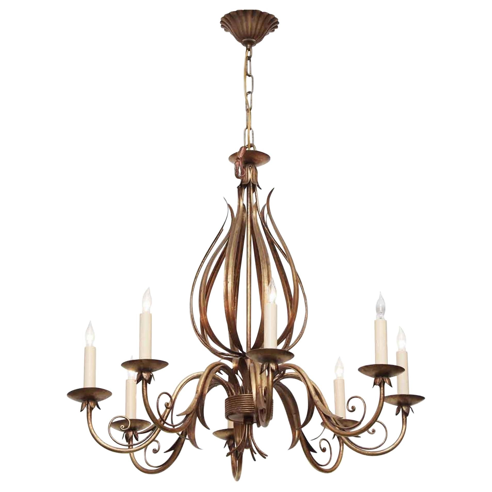 2000s Florentine Style 8-Arm Chandelier with Articulated and Wrought Iron Leaves