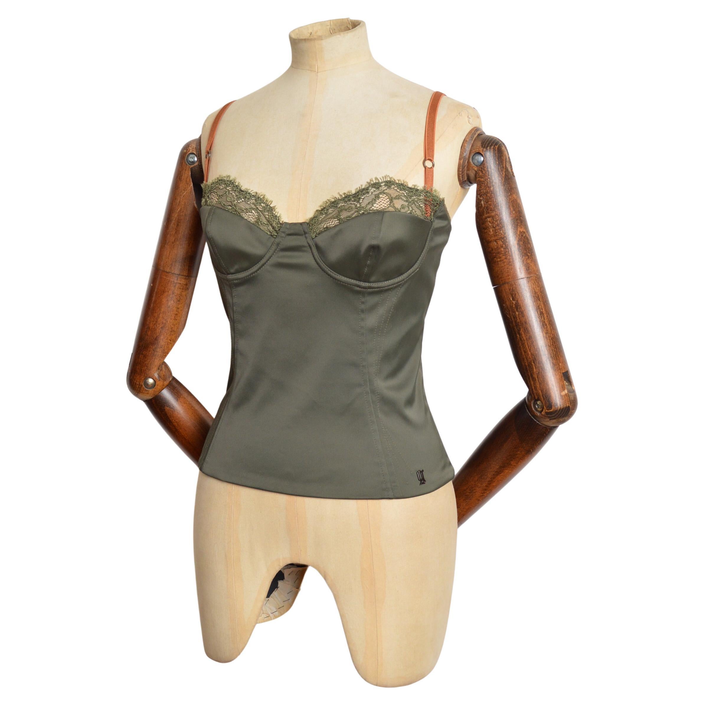 2000
s Forest Green John Galliano Satin Bustier with Lace Cups - Corset Top