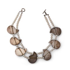 2000s Fresh Water Pearl Double Onyx and Coral Strand Necklace