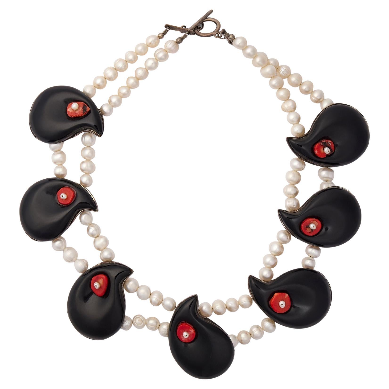 2000s Fresh Water Pearl Double Onyx and Coral Strand Necklace