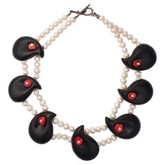2000s Fresh Water Pearl Double Onyx and Coral Strand Necklace
