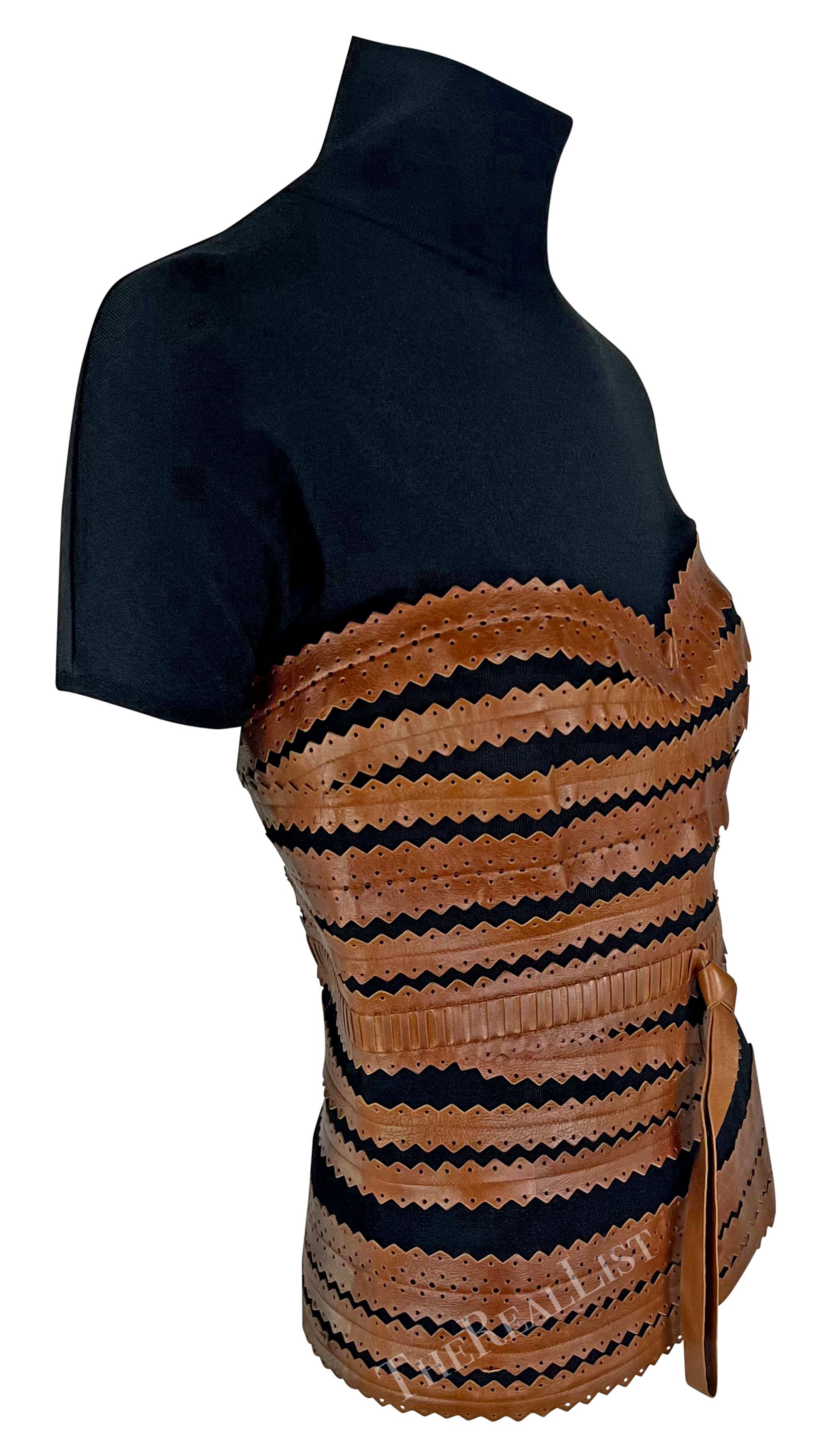 2000s Gianfranco Ferre Black Mock Neck Brown Leather Lace Up Corset Top Pour femmes en vente