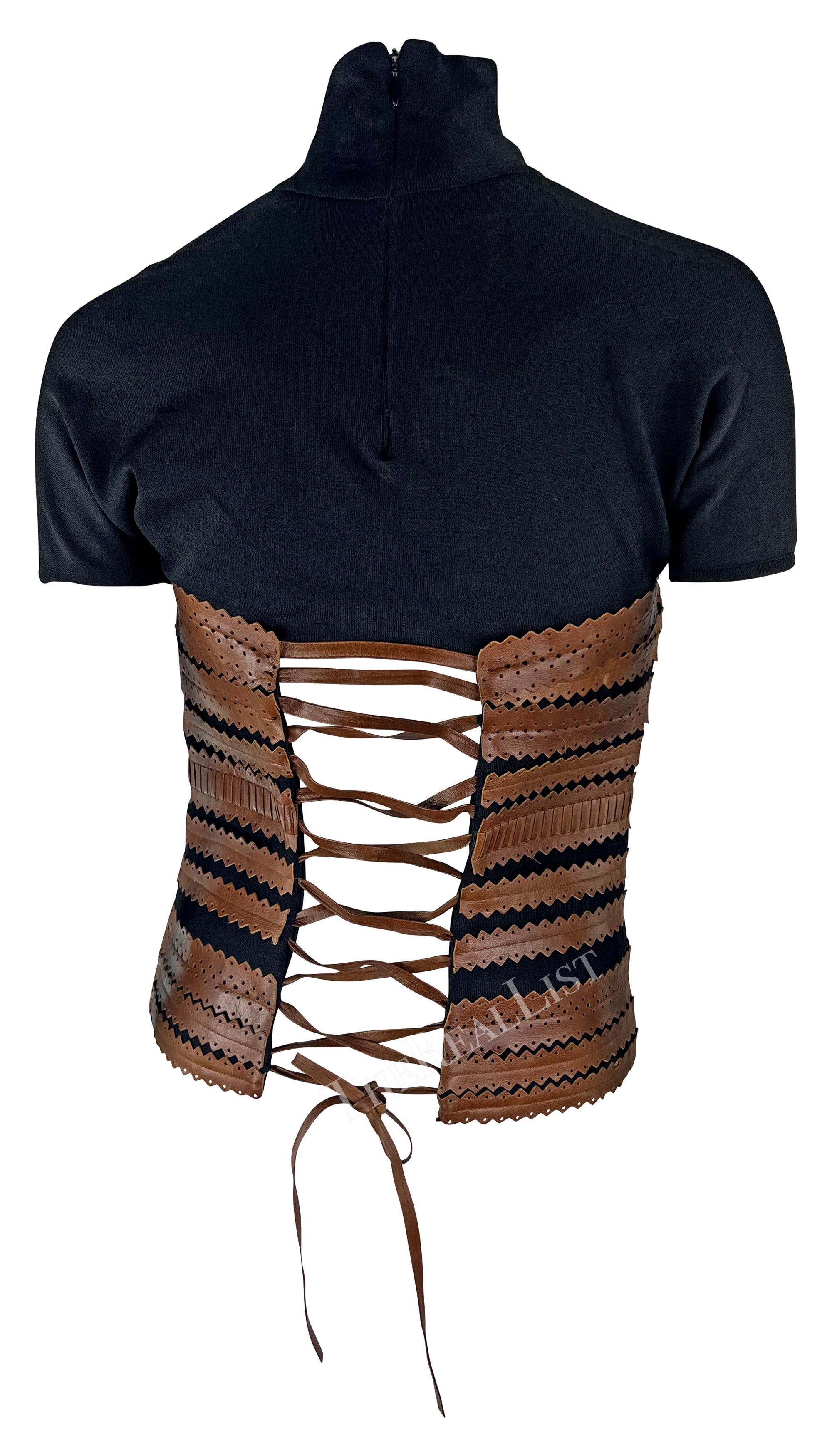 2000s Gianfranco Ferre Black Mock Neck Brown Leather Lace Up Corset Top en vente 1