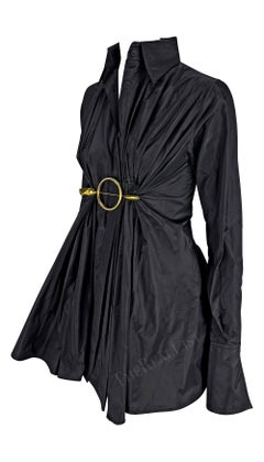 2000s Gianfranco Ferre Black Silk Gold Metal Accent Silk Collared Top