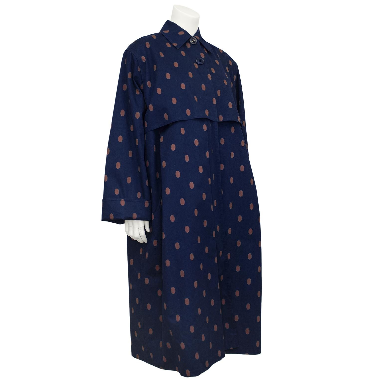Gianfranco Ferre navy blue and brown oval polka dot oversize coat. Swing style with two buttons at neck and the bottom lays open. Cotton. Beautiful draping. Perfect for spring and early fall. Excellent vintage condition. Fits s US size 6-14. Made in
