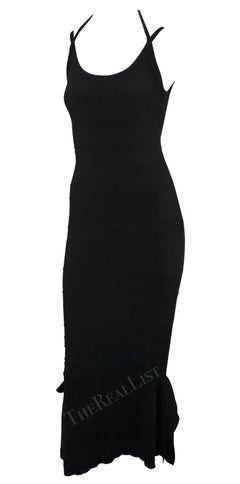 2000s Gianfranco Ferré Stretch Ribbed Knit Bodycon Flare Black Maxi Dress