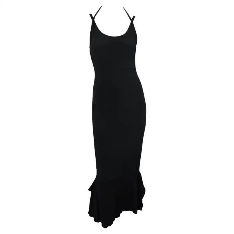 2000er Gianfranco Ferré Stretch-Rippenstrick-Bodycon-Kleid mit Schlagseite Schwarzes Maxikleid im Angebot