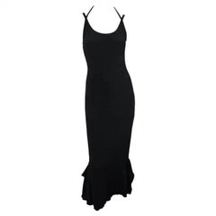 2000er Gianfranco Ferré Stretch-Rippenstrick-Bodycon-Kleid mit Schlagseite Schwarzes Maxikleid