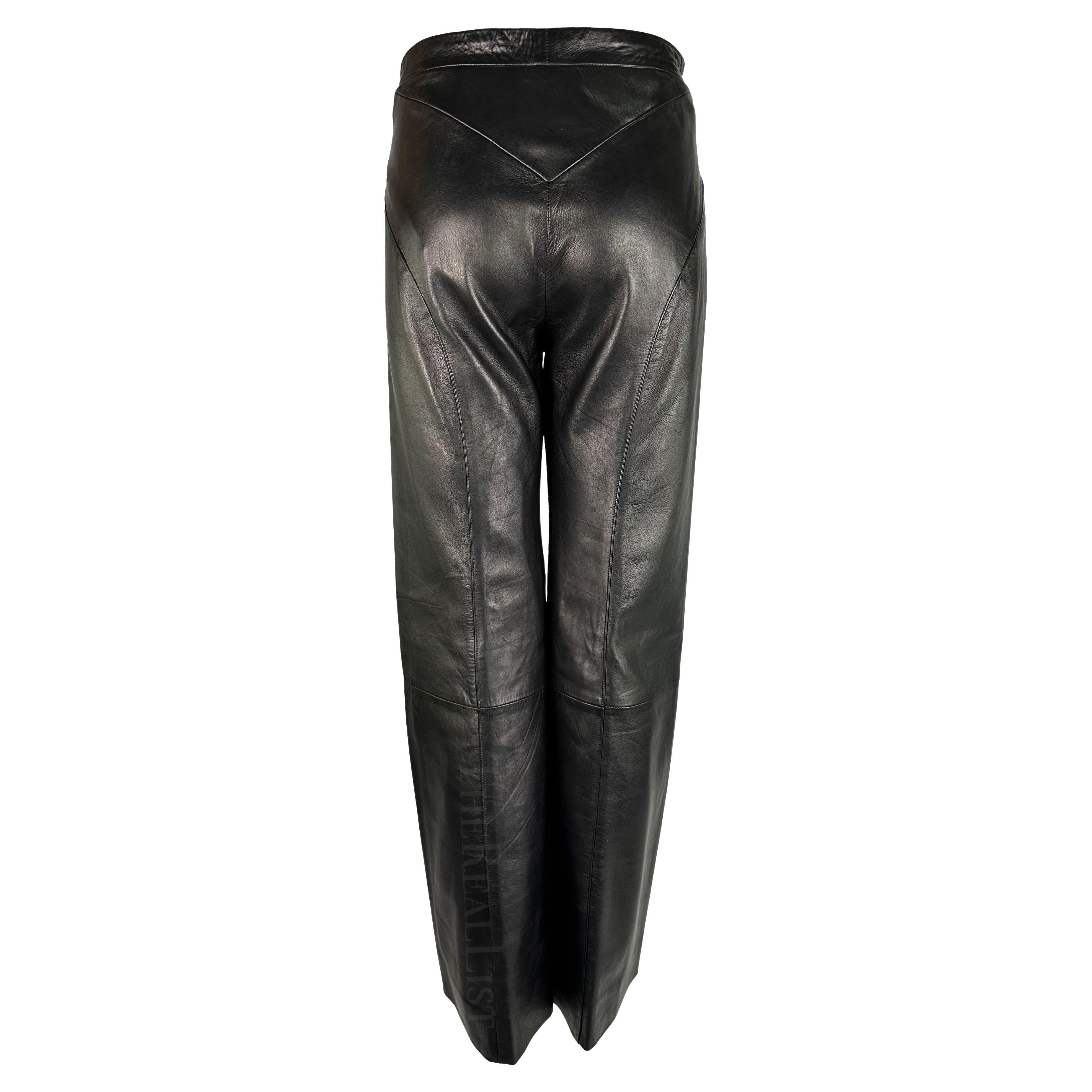 2000s Gianni Versace by Donatella Black Leather Wide Leg Pants  For Sale