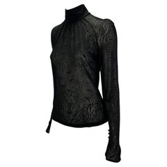2000s Gianni Versace by Donatella Black Sheer Lace Flare Mock Neck Top