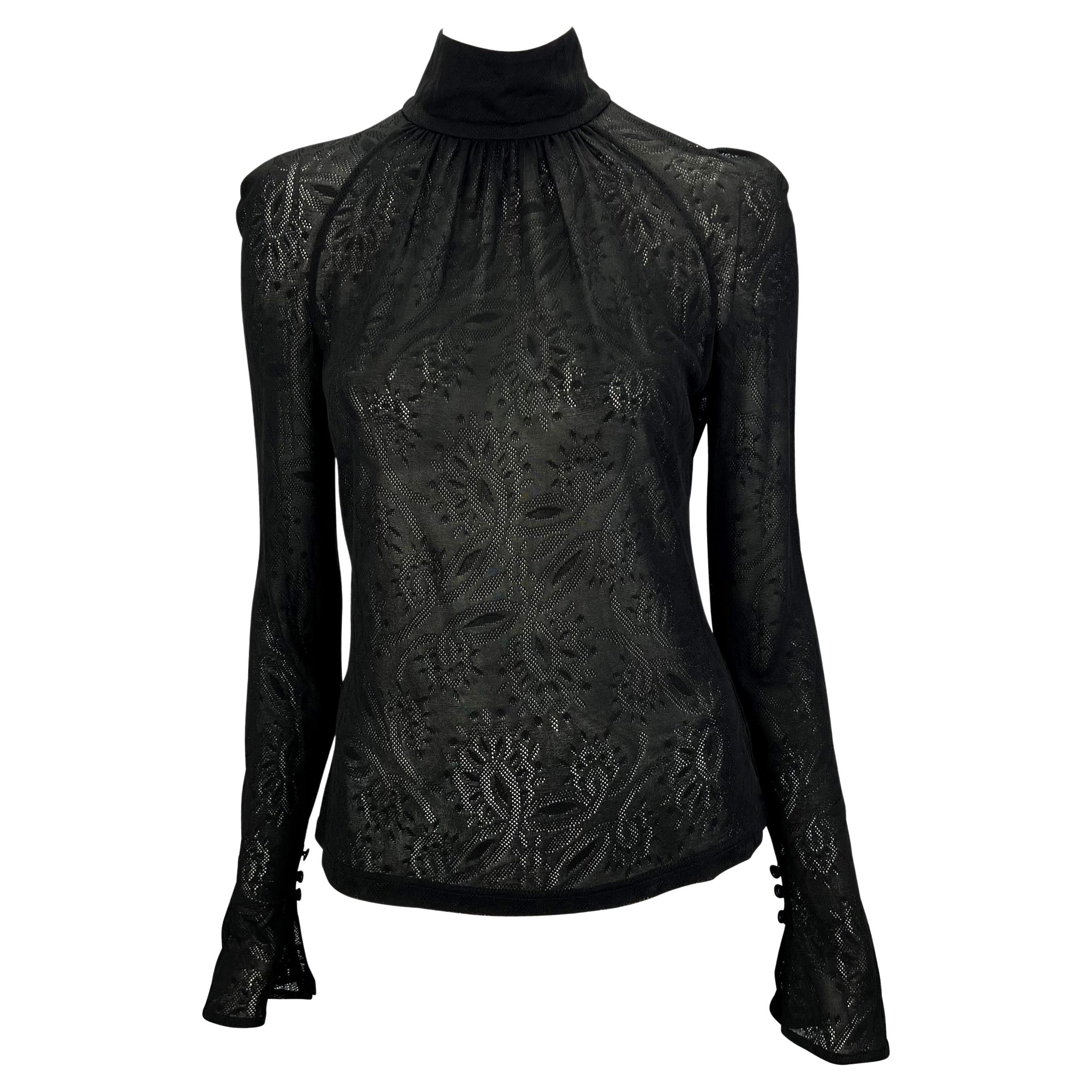 2000s Gianni Versace by Donatella Black Sheer Lace Flare Mock Neck Top