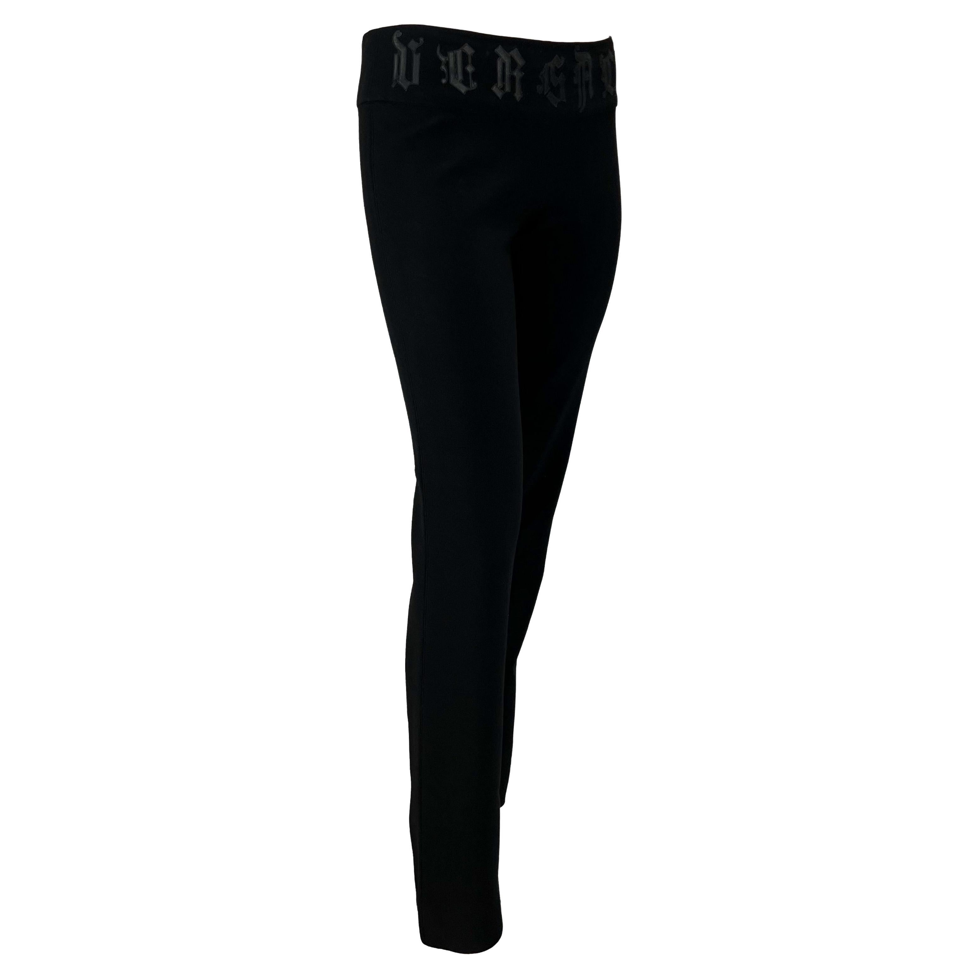 2000s Gianni Versace by Donatella Black Wool Leather Logo Appliqué Pants For Sale 1