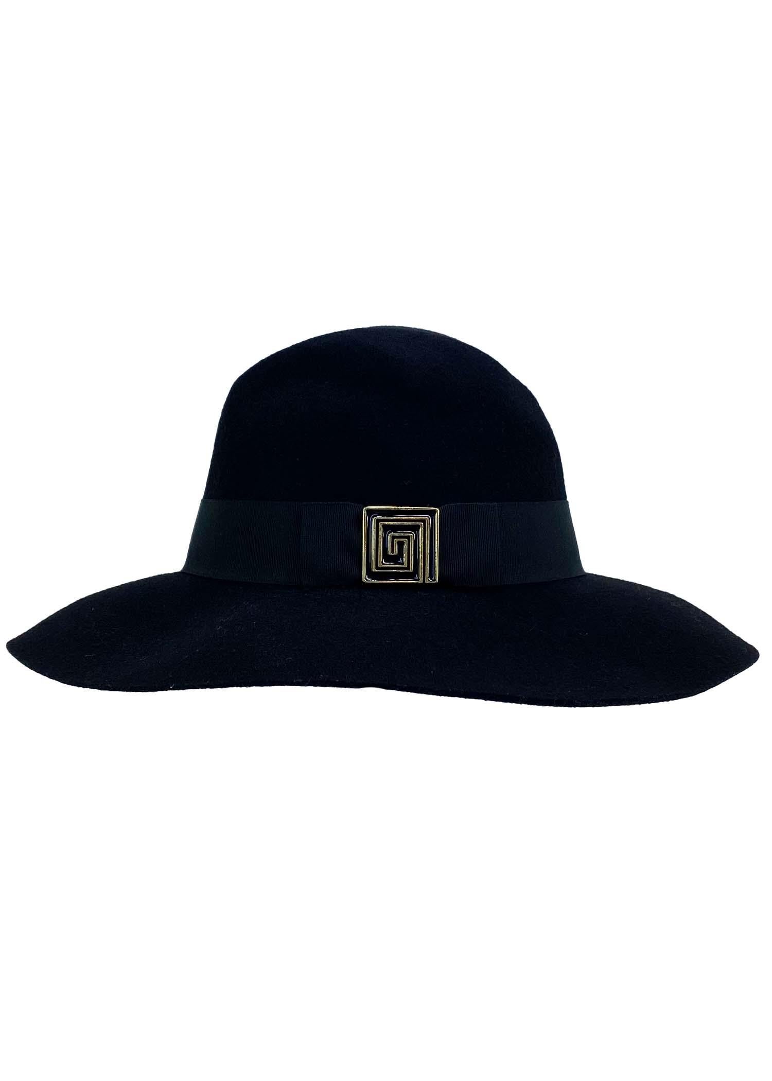 Black 2000s Gianni Versace by Donatella Greek Key Enamel Buckle Wool Wide Brim Hat  For Sale