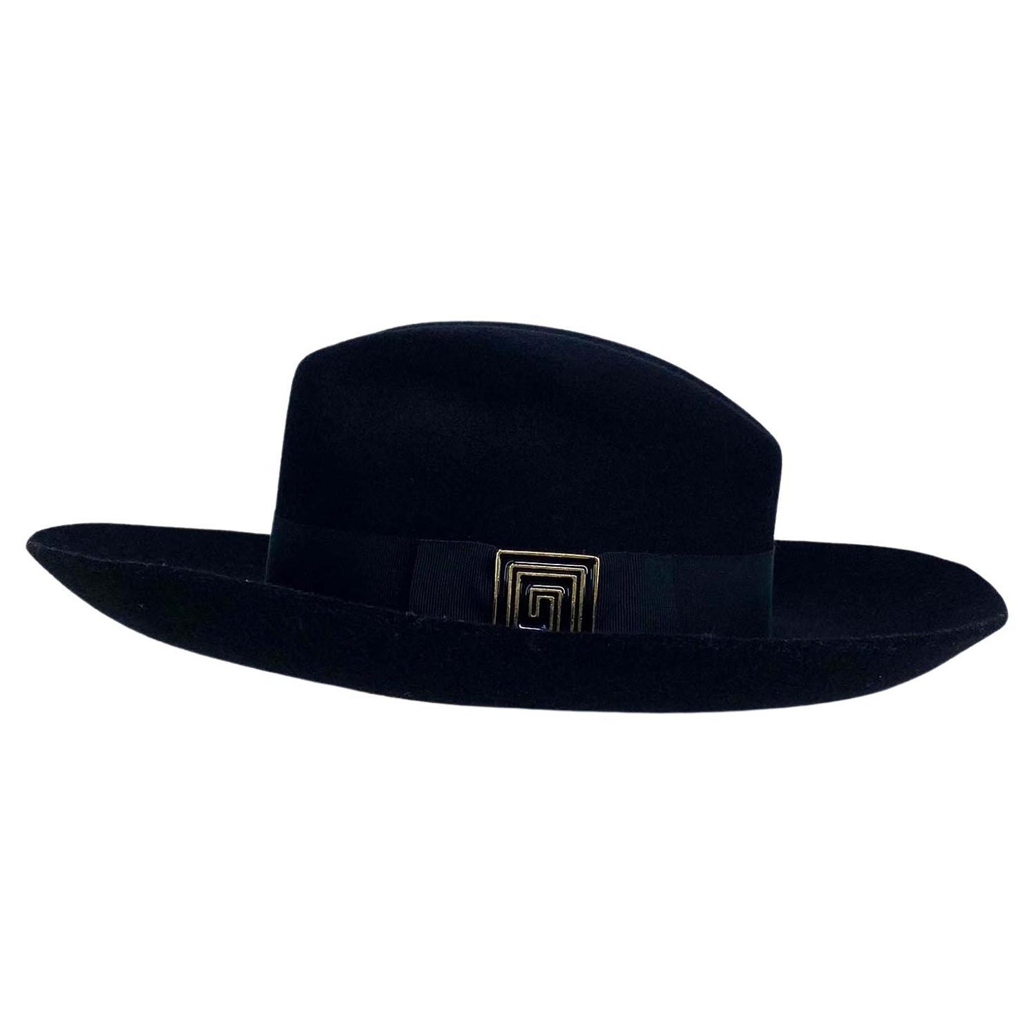 2000s Gianni Versace by Donatella Greek Key Enamel Buckle Wool Wide Brim  Hat For Sale at 1stDibs
